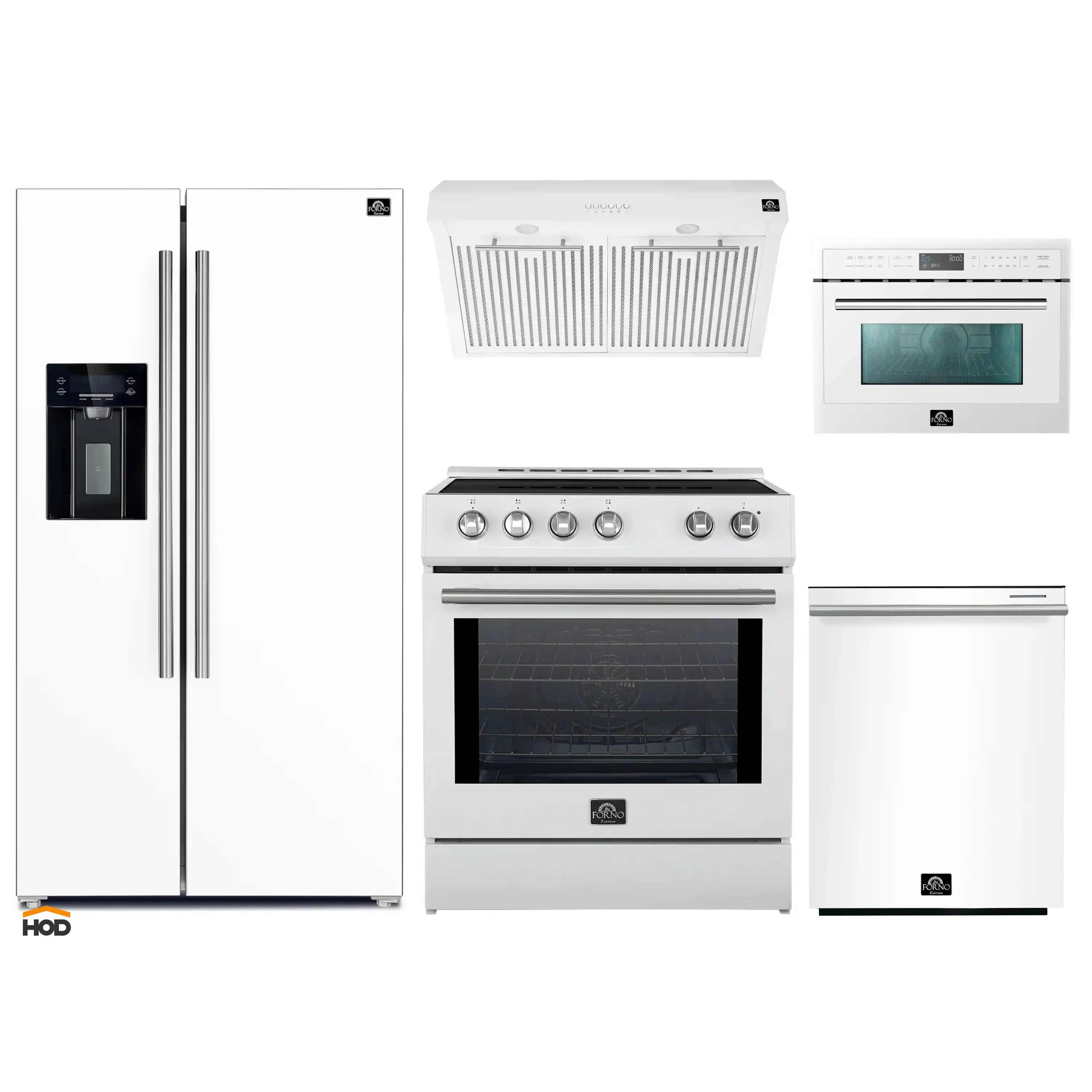 Forno 5-Piece Appliance Package - 30-Inch Inducton Range, Under Cabinet Range Hood, Refrigerator with Water Dispenser, Dishwasher, and  24-Inch Microwave Oven in White with Stainless Steel Trim