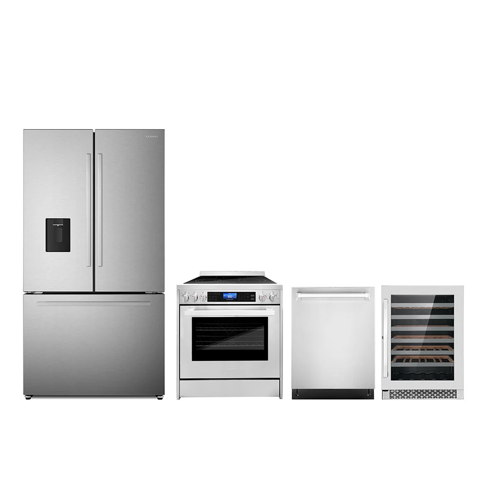 Cosmo 4-Piece Appliance Package - 30-Inch Electric Range, Wine Cooler, Dishwasher and Refrigerator with Water Dispenser in Stainless Steel (COS-4PKG-630)