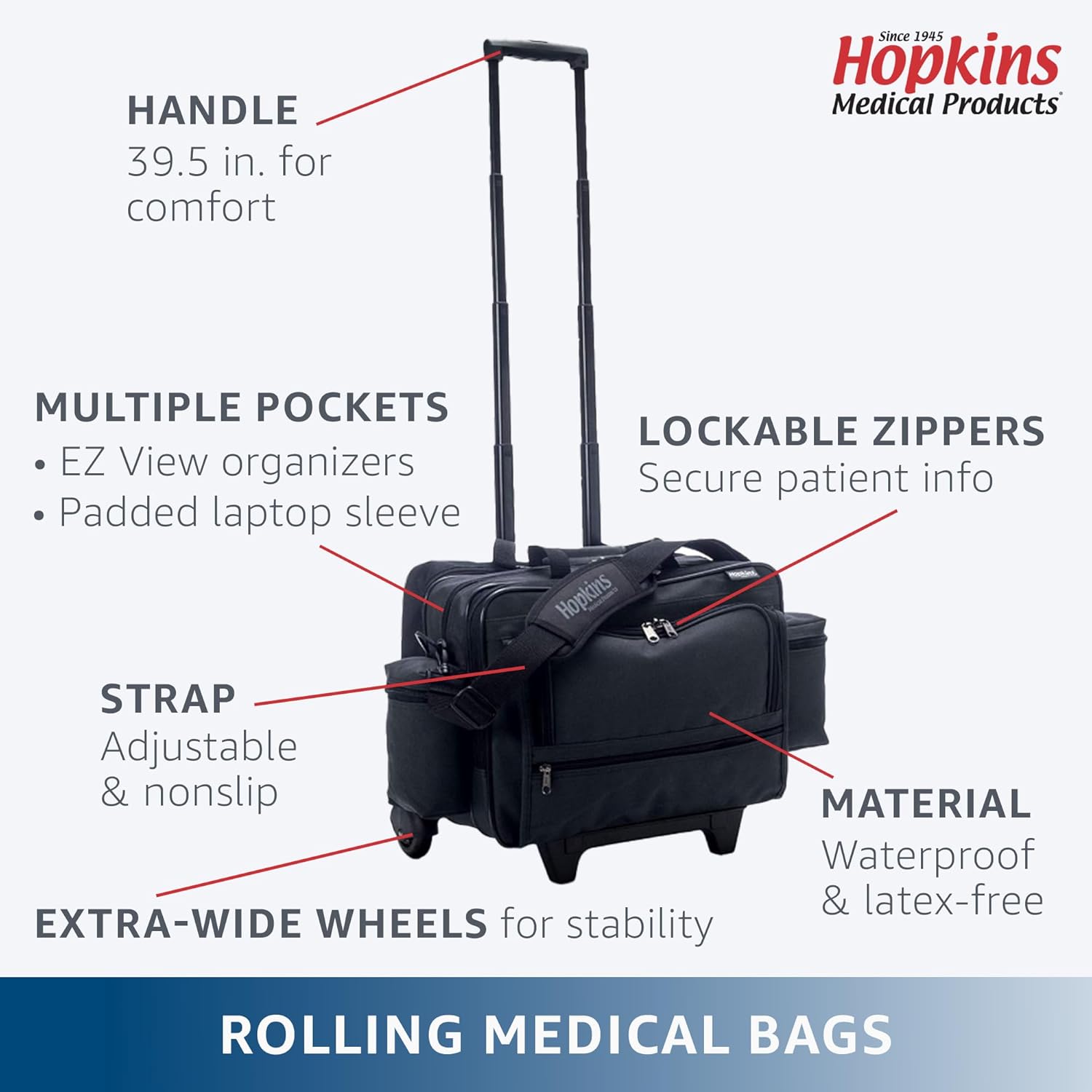 Hopkins Medical Products Rolling Med Bag with EZ-View: Waterproof, Laptop Section & Lockable File Pocket - Ultimate Mobility for Healthcare Pros, 39.5 In. Handle, 16 In. x 3 In. x 12 In., Blue