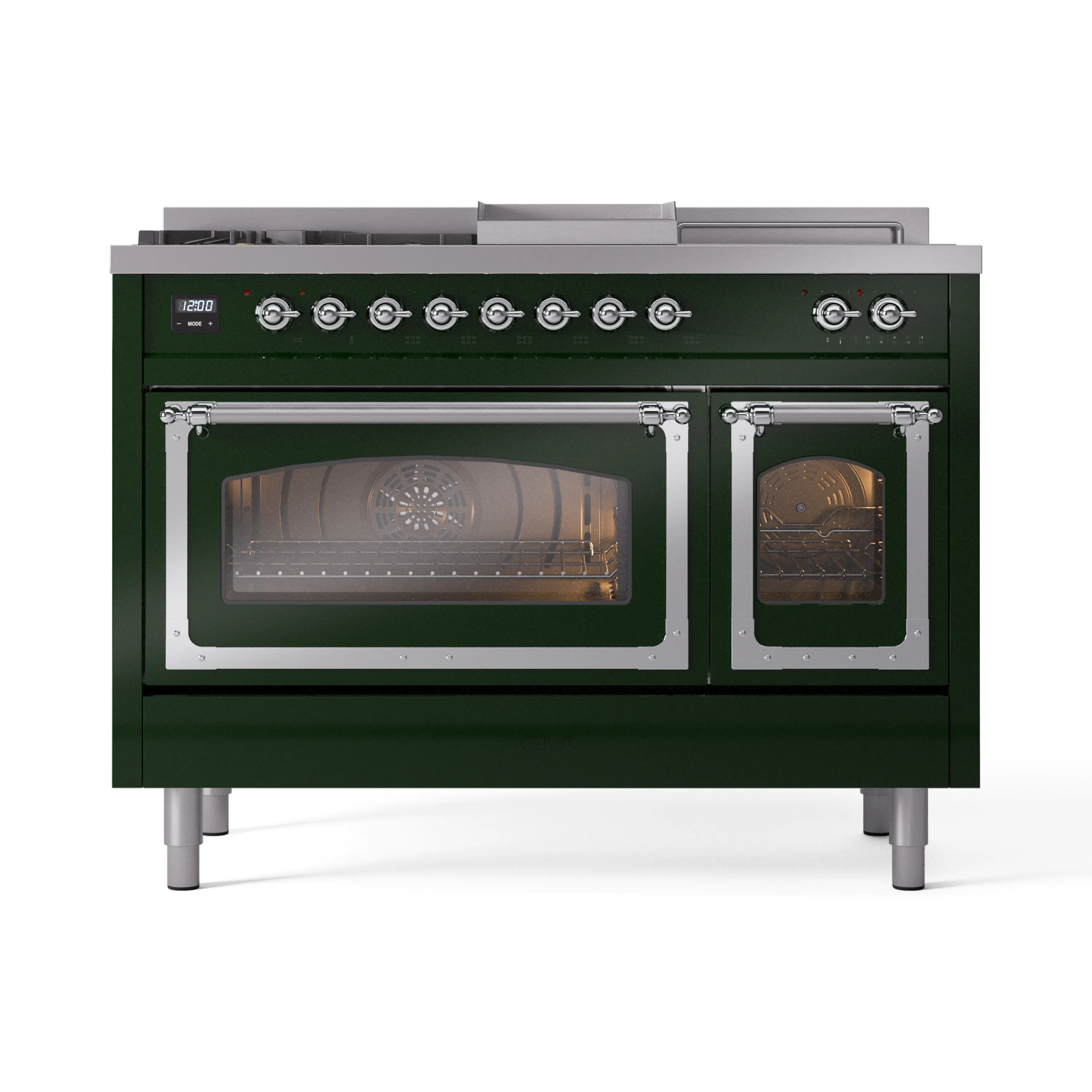 ILVE Nostalgie II Noblesse 48-Inch Dual Fuel Range with 5 Burners, Griddle, & French Top with Triple Glass Door Oven in Emerald Green with Chrome Trim (UN48FSNMPEGC)