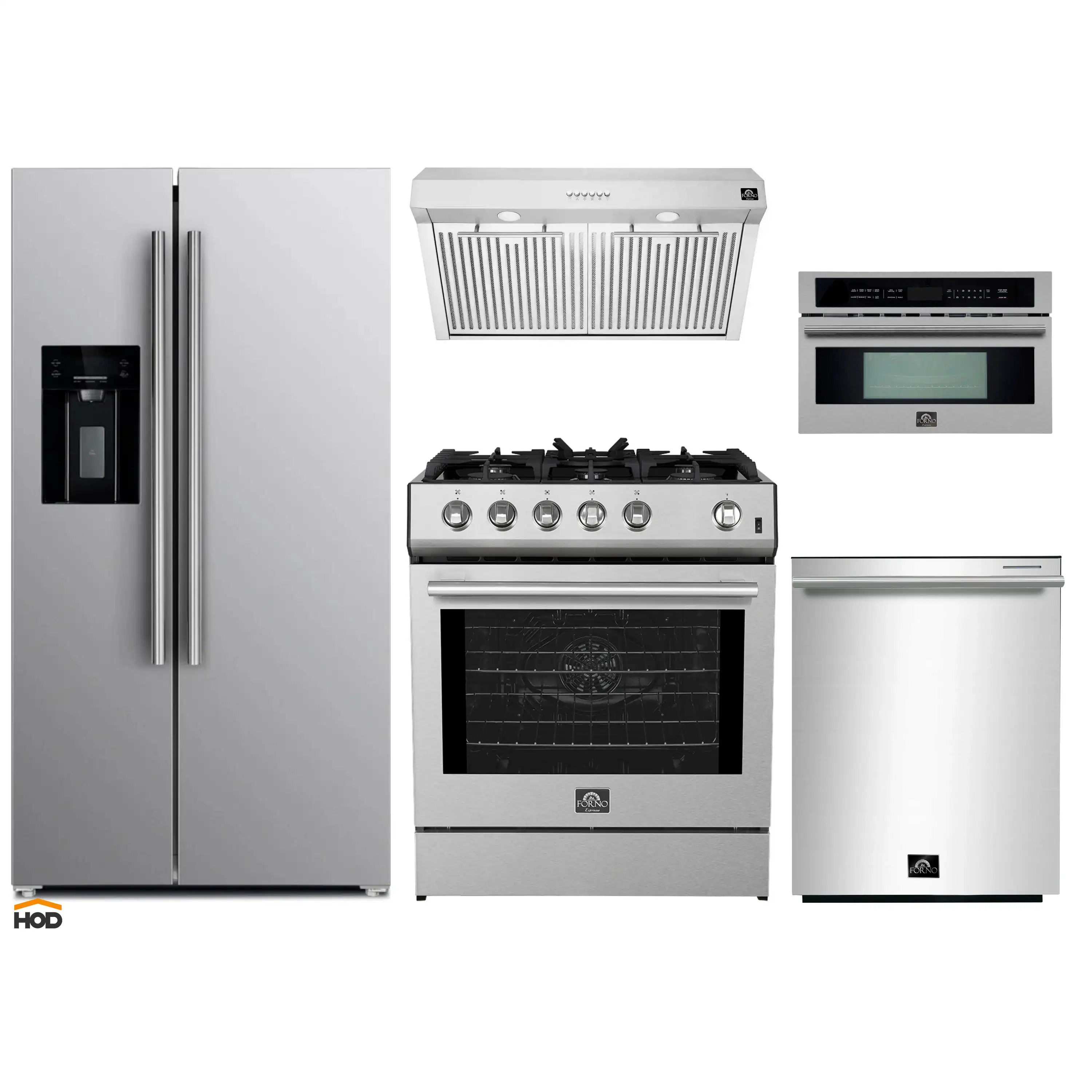 Forno 5-Piece Appliance Package - 30-Inch Gas Range, Under Cabinet Range Hood, Refrigerator wth Water Dispenser, Dishwasher, and 30-Inch Microwave Drawer in Stainless Steel
