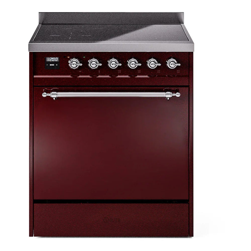 ILVE 30-Inch Nostalgie II Induction Range with Solid Door Oven in Burgundy with Chrome Trim (UPI304QNMPBUC)