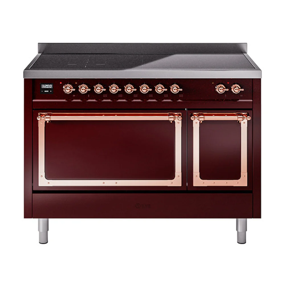 ILVE Nostalgie II Noblesse 48-Inch Induction Range with Solid Door Oven in Burgundy with Copper Trim (UNI486QNMPBUP)