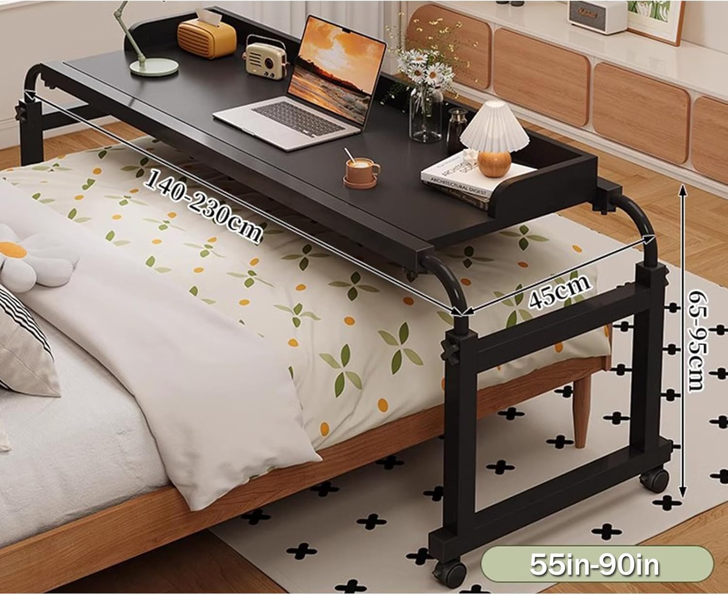 Adjustable Overbed Table with Wheels - Adjustable Height and Length Overbed Table Queen Size Mobile Bed Desk for Hospital and Home use,350lbs Weight Capacity,Black-140-230cm(55.1-90.6in)