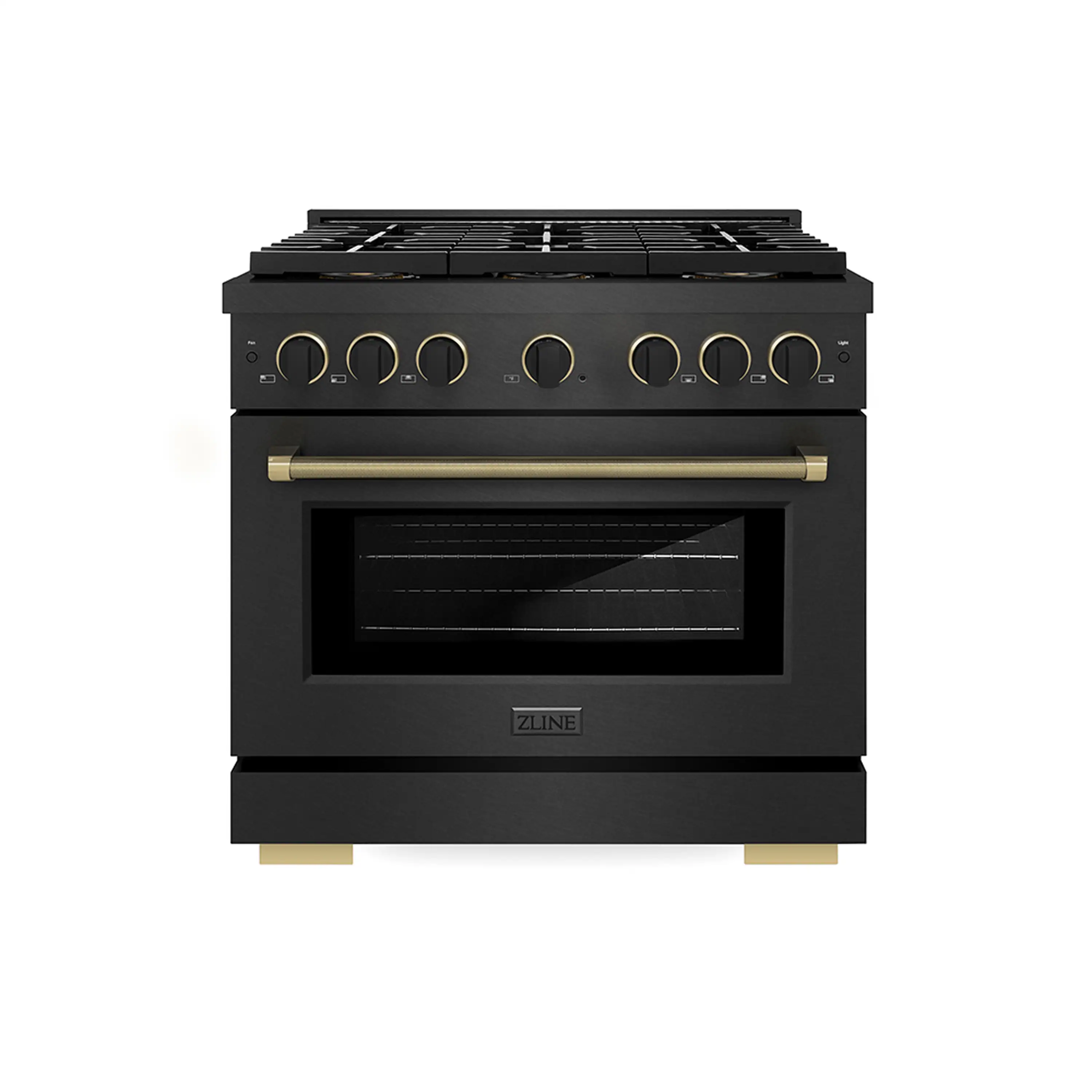 ZLINE Designer 36-Inch 5.2 Cu. Ft. Dual Fuel Range with 6 Burner DuoPro Cooktop in Black Satin with Black and Champagne Accents (PSDRBSZ-36-MBCB)