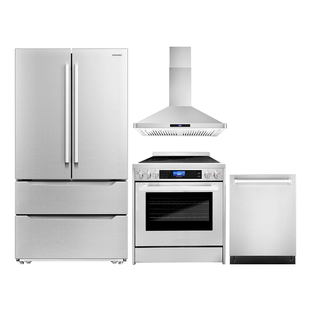 Cosmo 4-Piece Appliance Package - 30-Inch Single Oven Electric Range, Wall Mount Range Hood, Dishwasher and Refrigerator in Stainless Steel (COS-4PKG-175)