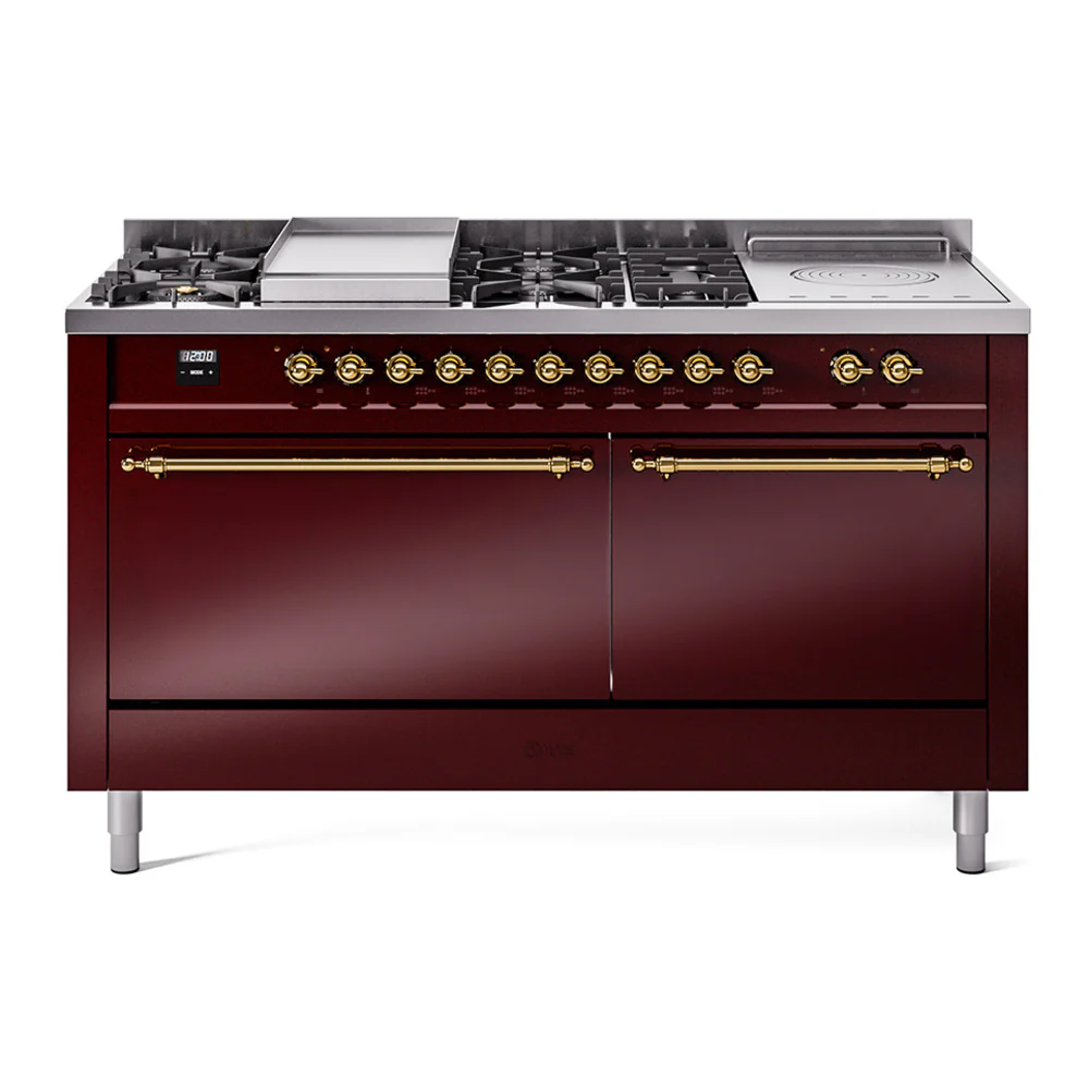 ILVE Nostalgie II 60-Inch Dual Fuel Range with 7 Burners, Griddle, & French Top with Solid Door Oven in Burgundy with Brass Trim (UP60FSQNMPBUG)