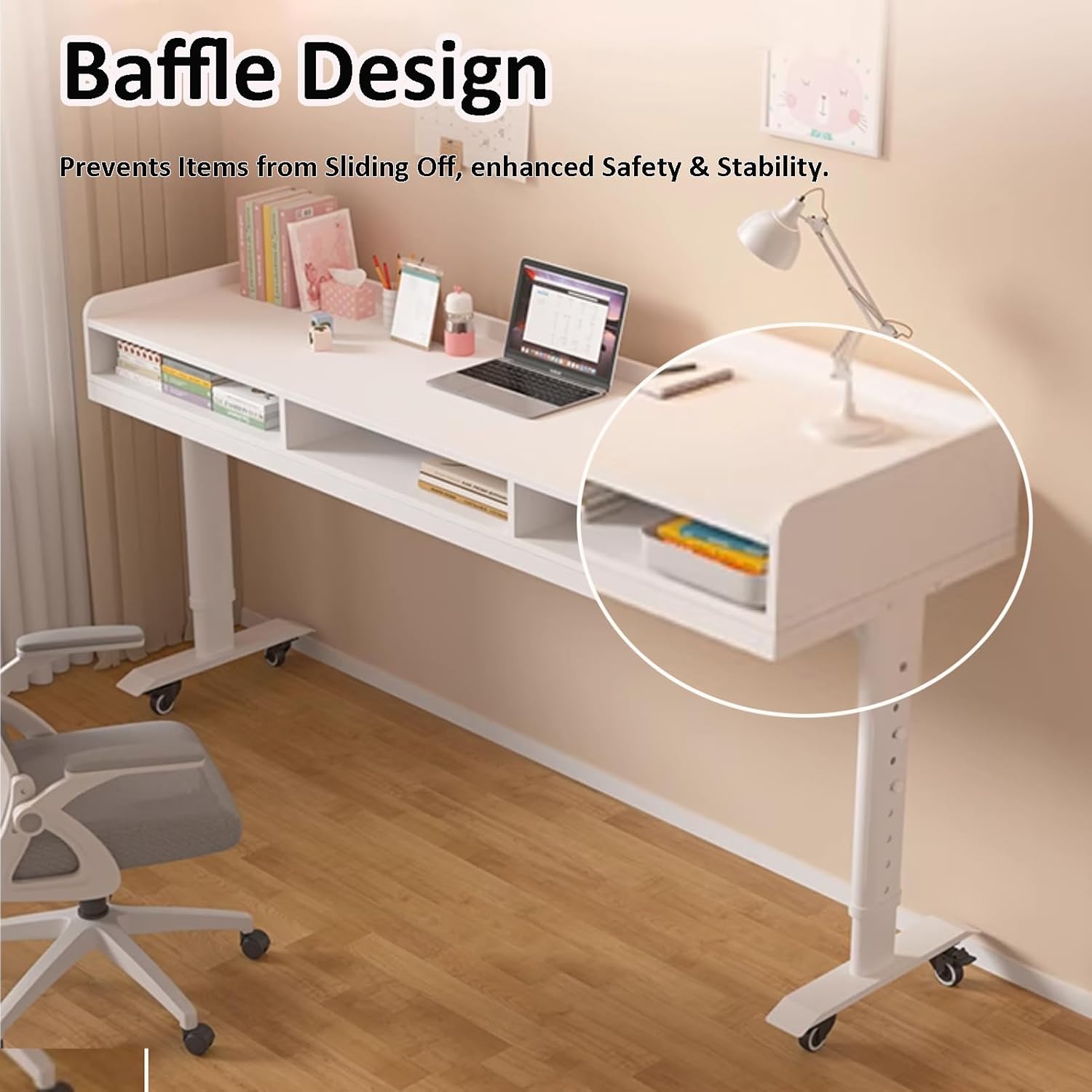 Height Adjustable Over Bed Table with Drawer & 3-Side Guard Rails, Over The Bed Table with Wheels, Rolling Over Bed Desk, Laptop Workstation for Bedroom, Living Room, Office, Hospital