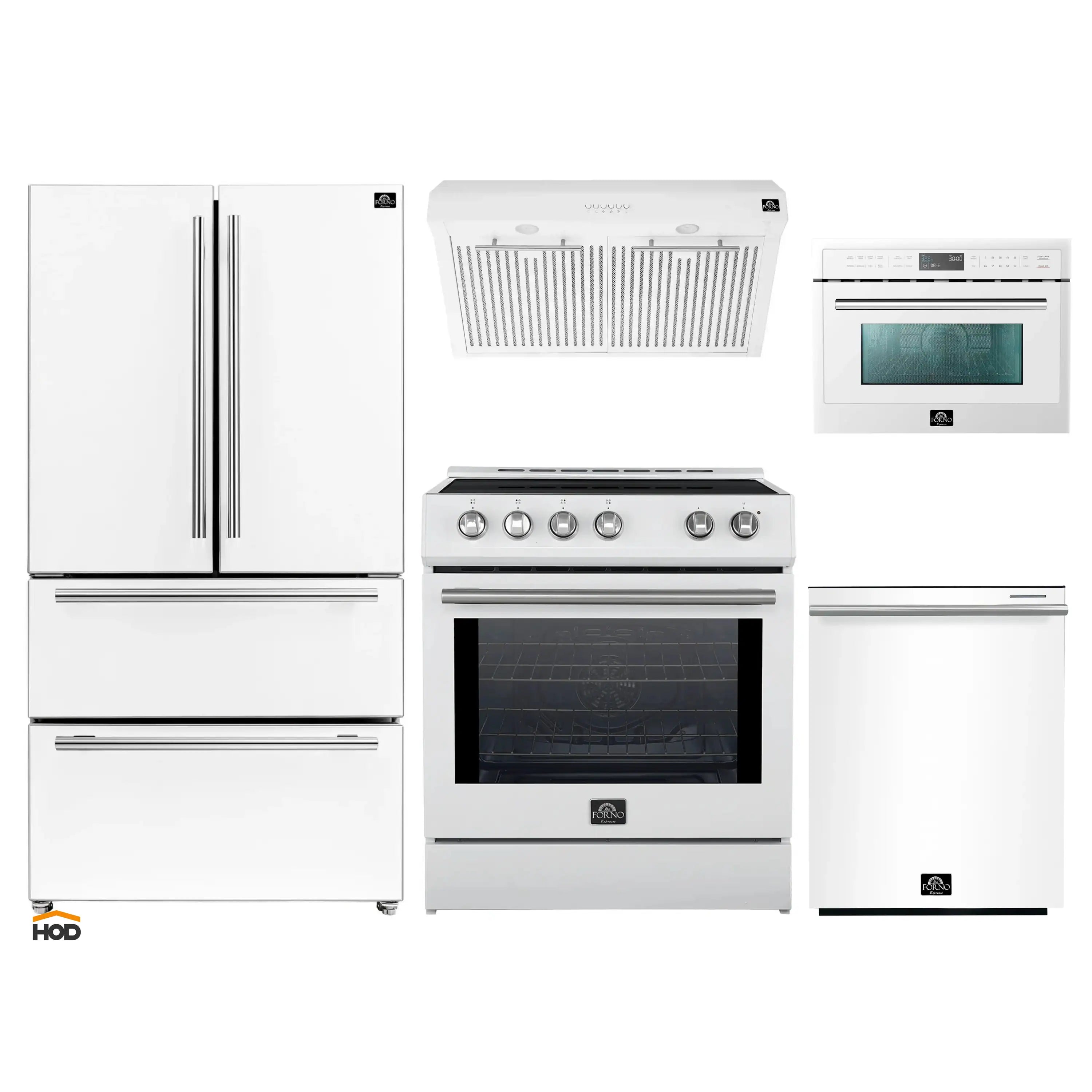 Forno 5-Piece Appliance Package - 30-Inch Inducton Range, Under Cabinet Range Hood, Refrigerator, Dishwasher, and 24-Inch Microwave Oven in White with Stainless Steel Trim