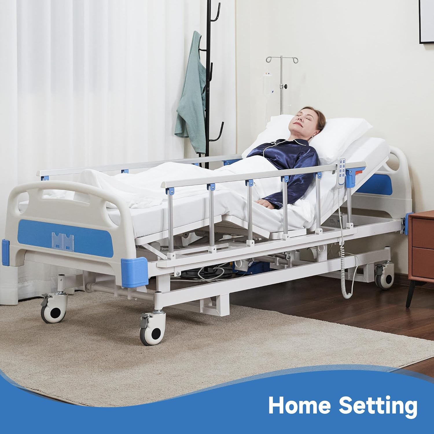 Real Relax Premium 3 Function Full Electric Hospital Bed (with Mattress & IV Pole), Premium Medical Hospital Beds, with Locking Casters, Motor.