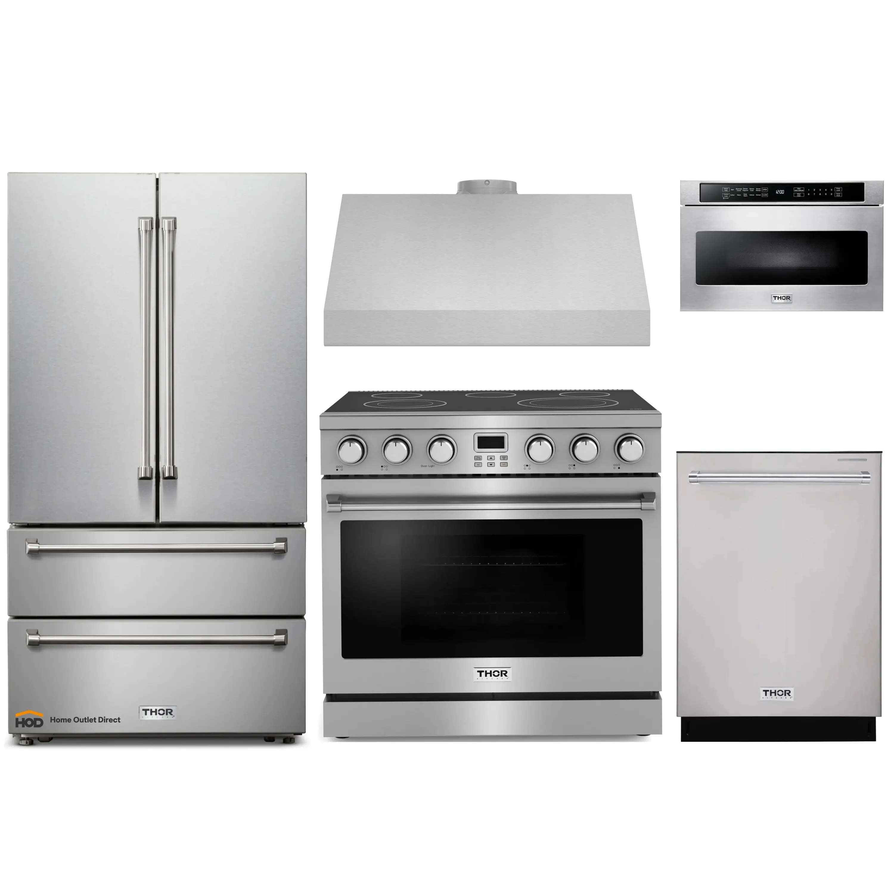 Thor Kitchen A-Series 5-Piece Appliance Package - 36-Inch Electric Range, Under Cabinet Range Hood, Refrigerator, Dishwasher, and Microwave in Stainless Steel