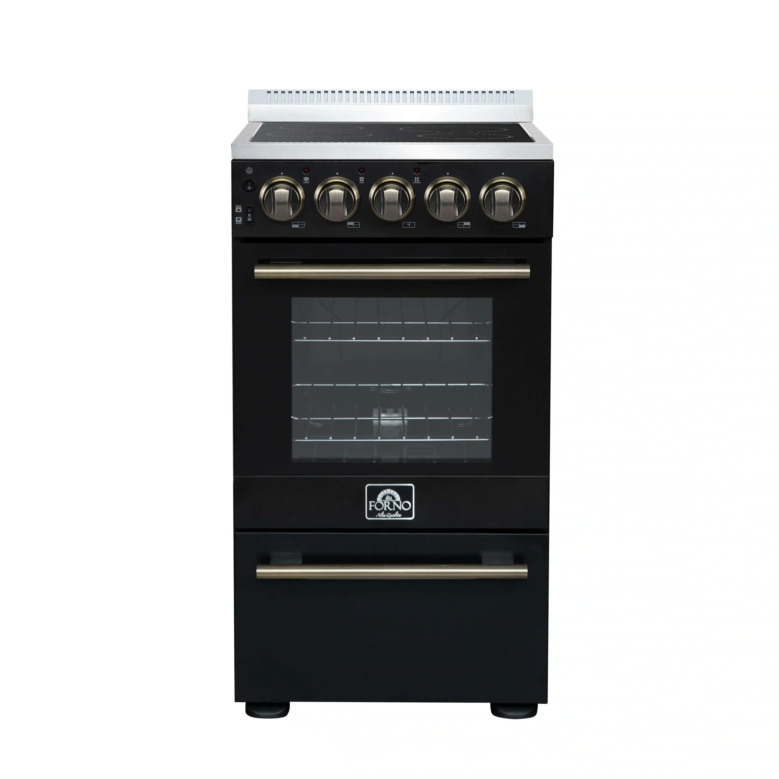 Forno Pallerano 20-Inch Freestanding Electric Range in Black with Antique Brass Trim (FFSEL6052-20BLK)