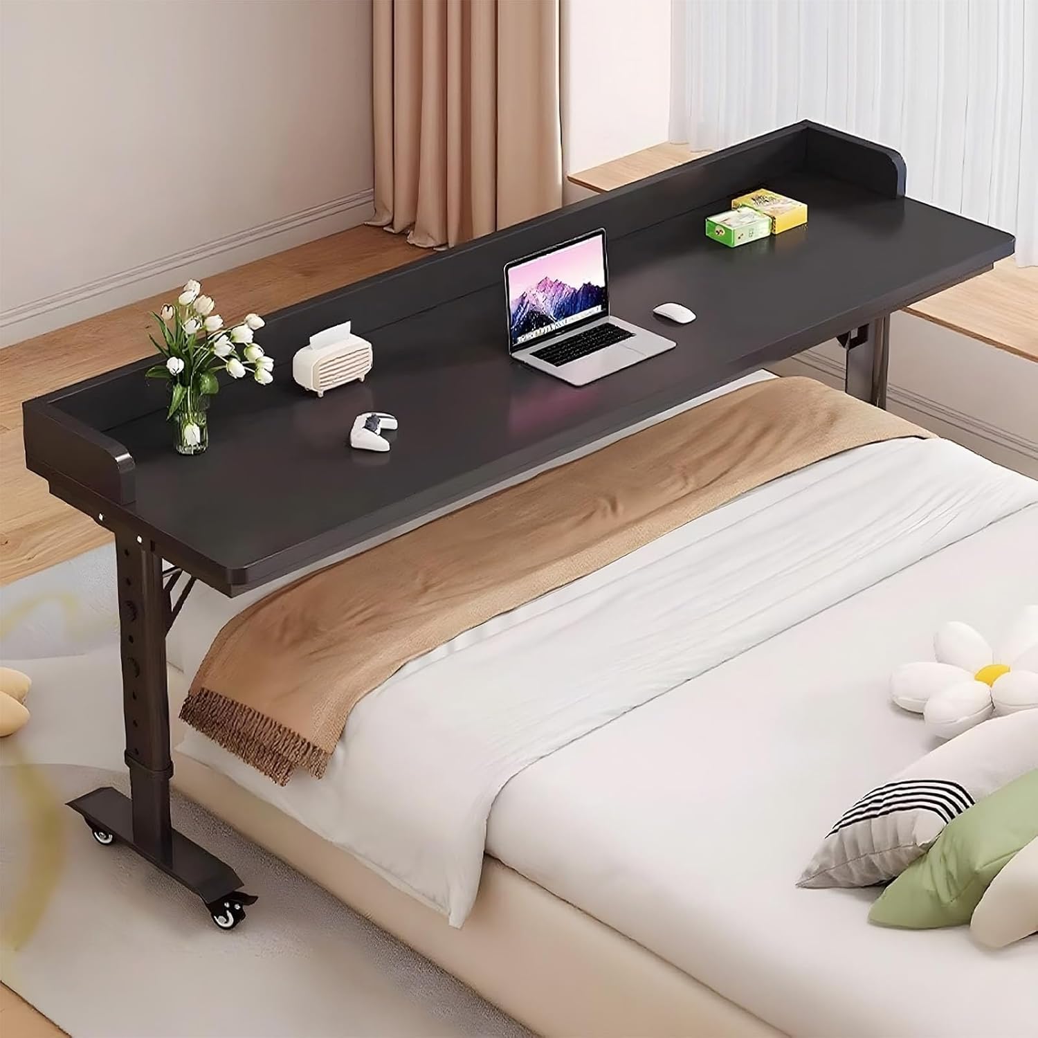 Over Bed Table with Wheels & Adjustable Height - Heavy Duty Metal Legs & Solid Wood Top Standing Laptop Cart, Rolling Overbed Desk for Hospital & Home Use(with Baffle-D,100cm/39.4in)