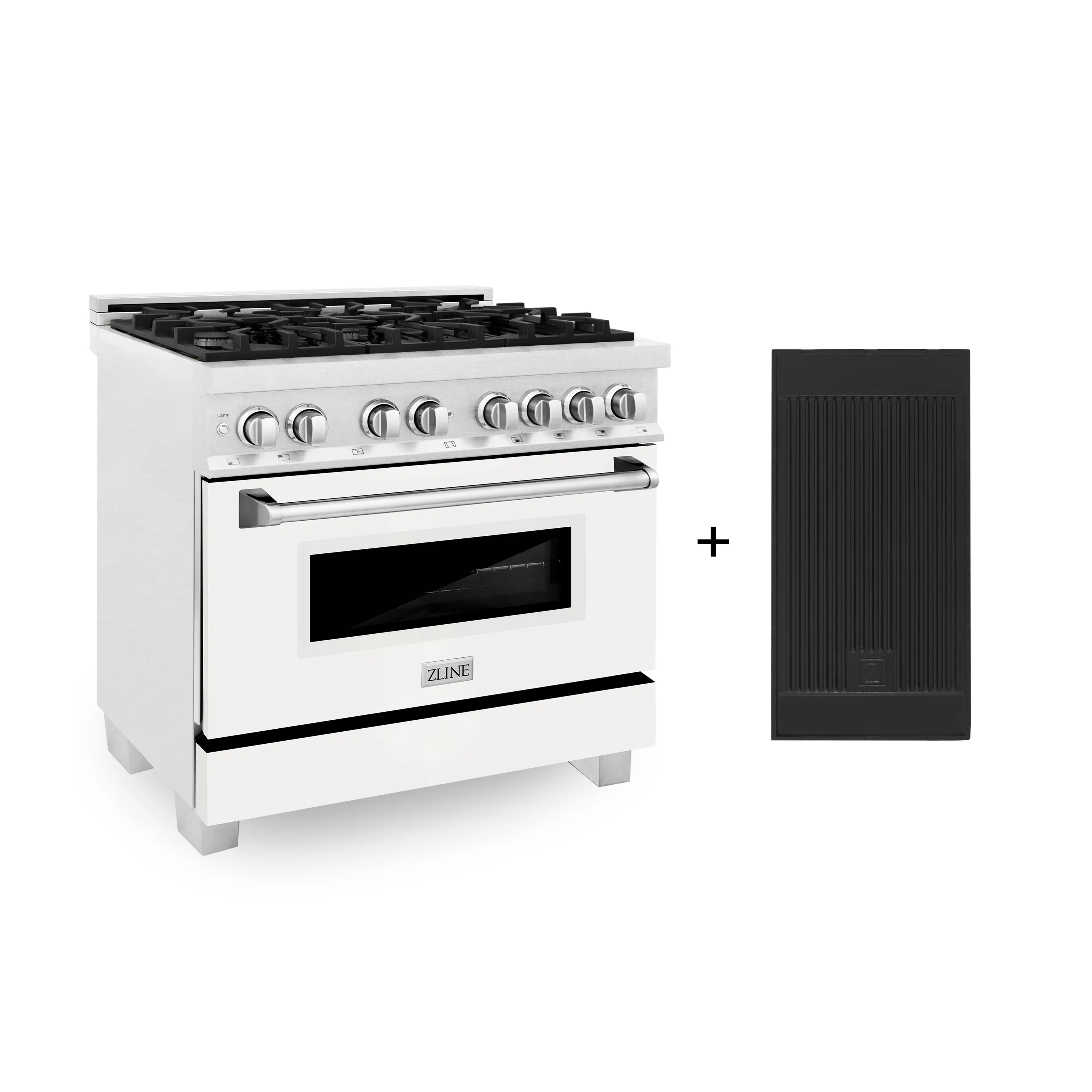 ZLINE 36-inch Legacy Series Dual Fuel Range with Gas Cooktop, Griddle and 4.6 Cu. Ft. Electric Oven in Fingerprint Resistant Satin Stainless Steel with White Matte Door (RAS-WM-GR-36)