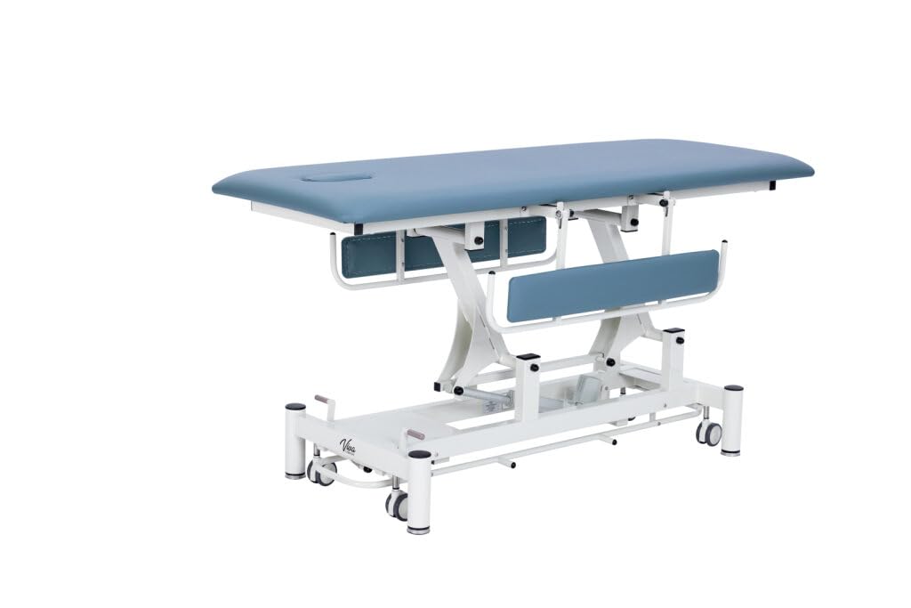 Hi-Lo Power Treatment Table w/Padded Side Rails & Specialty Upholstery - Includes Removable Face Cutouts & Foot Release Caster System (Blue)