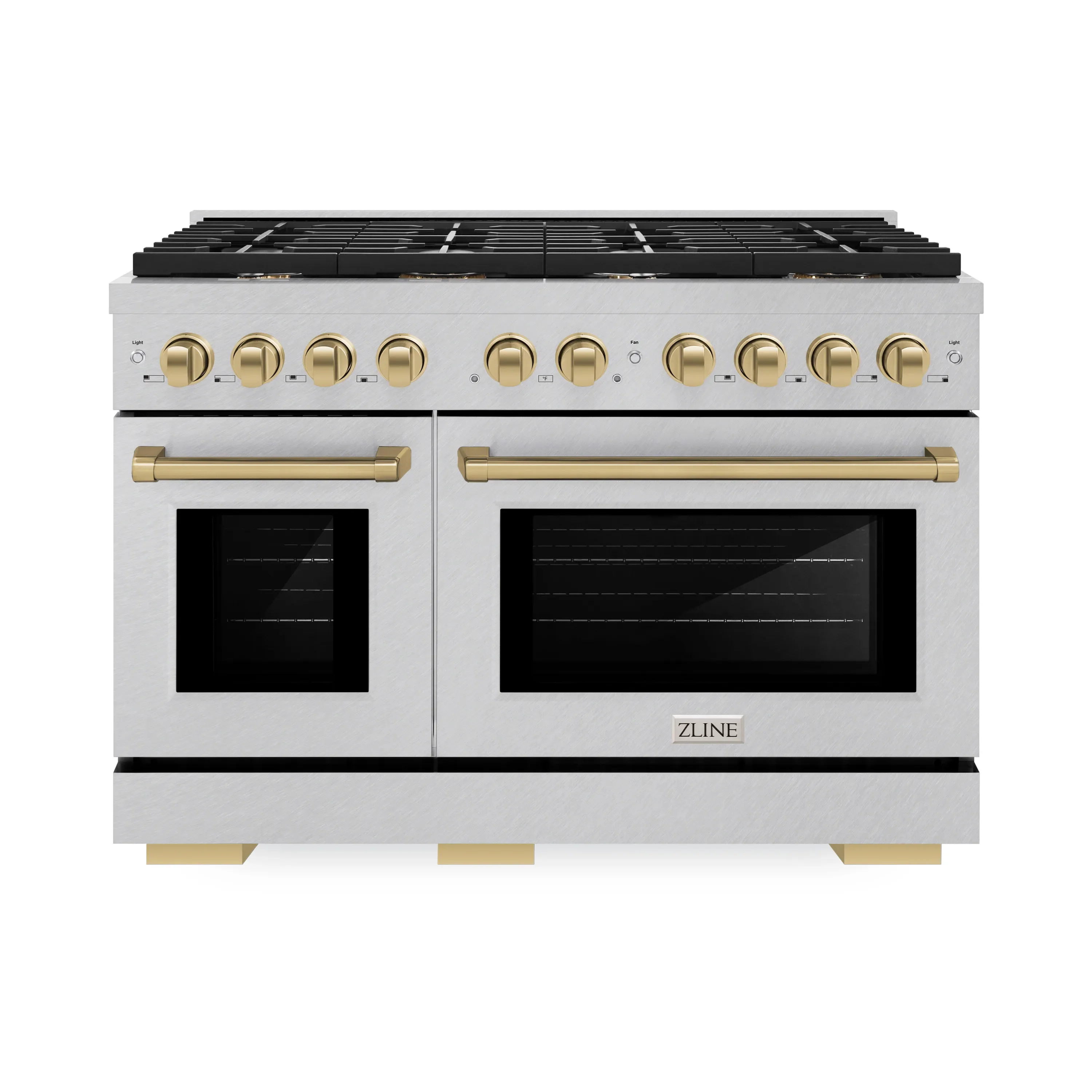 ZLINE Autograph Edition 48-Inch 6.7 cu. ft. Paramount Double Oven Dual Fuel Range with 8 Burner Gas Cooktop in Satin Stainless Steel and Champagne Bronze Accents (SDRSZ-48-CB)