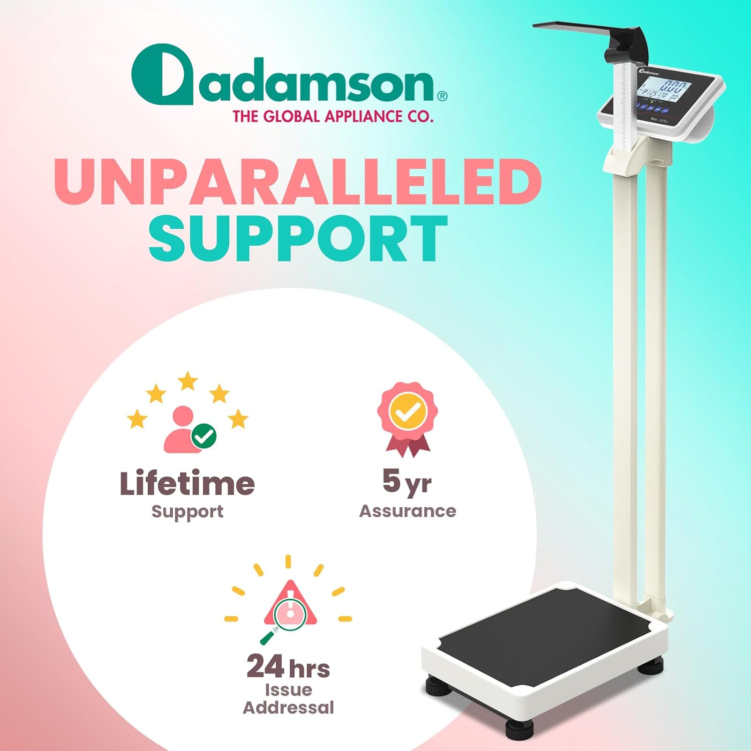 Adamson M1 Medical Scale, 440 lb/ 200 kg Capacity, BMI with Weight and Height, Professional Digital Scale for Body Weight, Home, Hospital, & Physicians, Heavy Duty - White