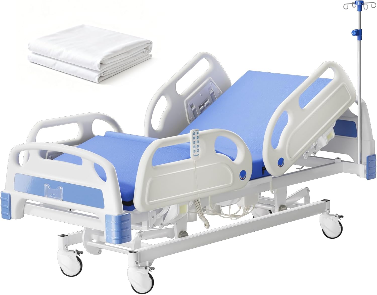 5 Function Full Electric Hospital Bed, 600LBS Adjustable Hospital Beds for Home Use, Medical Bed for Seniors with Mattress, IV Pole, Frame, Special Needs Beds, Medical Equipment