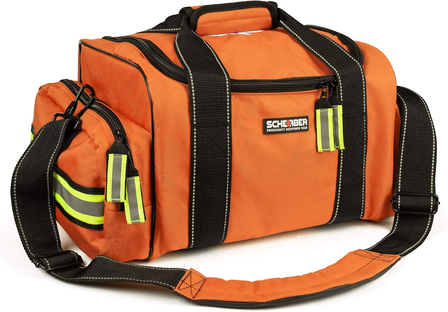 Scherber First Responder Fully-Stocked Large Professional Essentials EMT/EMS Trauma Kit | HSA/FSA Approved | Reflective Bag w/8 Zippered Pockets & Compartments & 250+ First Aid Supplies (Orange)