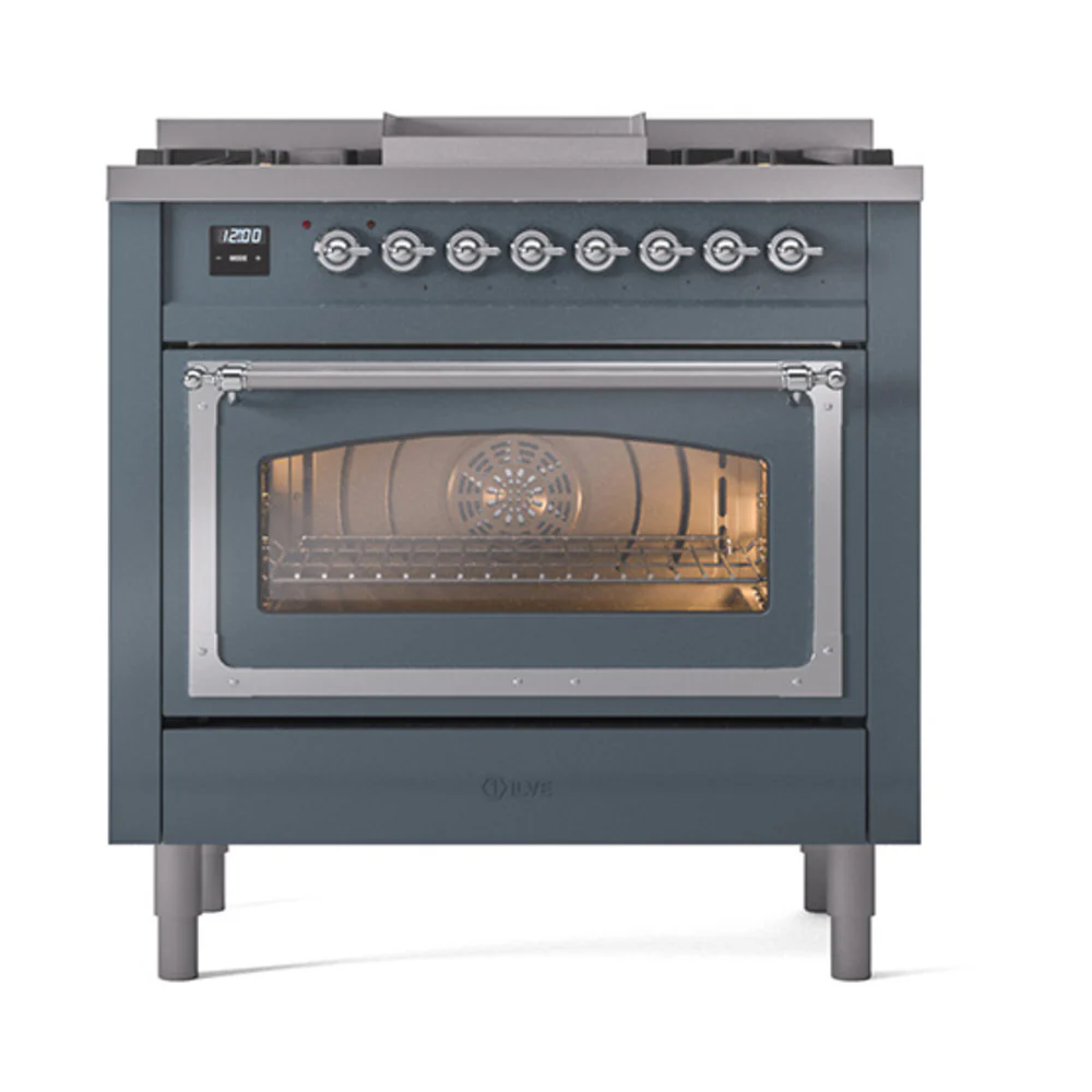 ILVE Nostalgie II Noblesse 36-Inch Dual Fuel Range and Triple Glass Door in Blue Grey with Chrome Trim (UN36FNMPBGC)