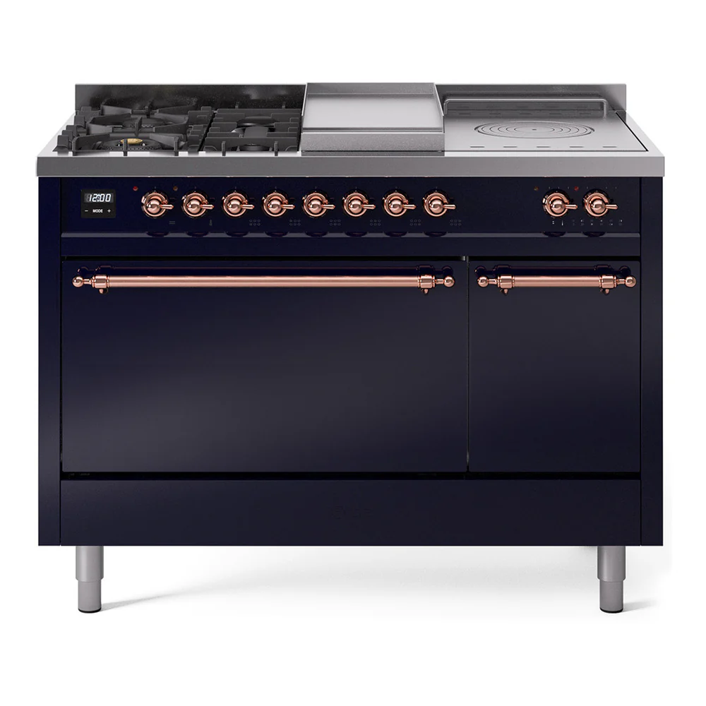 ILVE Nostalgie II 48-Inch Dual Fuel Range with 5 Burners, Griddle, & French Top, with Solid Door Oven in Midnight Blue with Bronze Trim (UP48FSQNMPMBB)