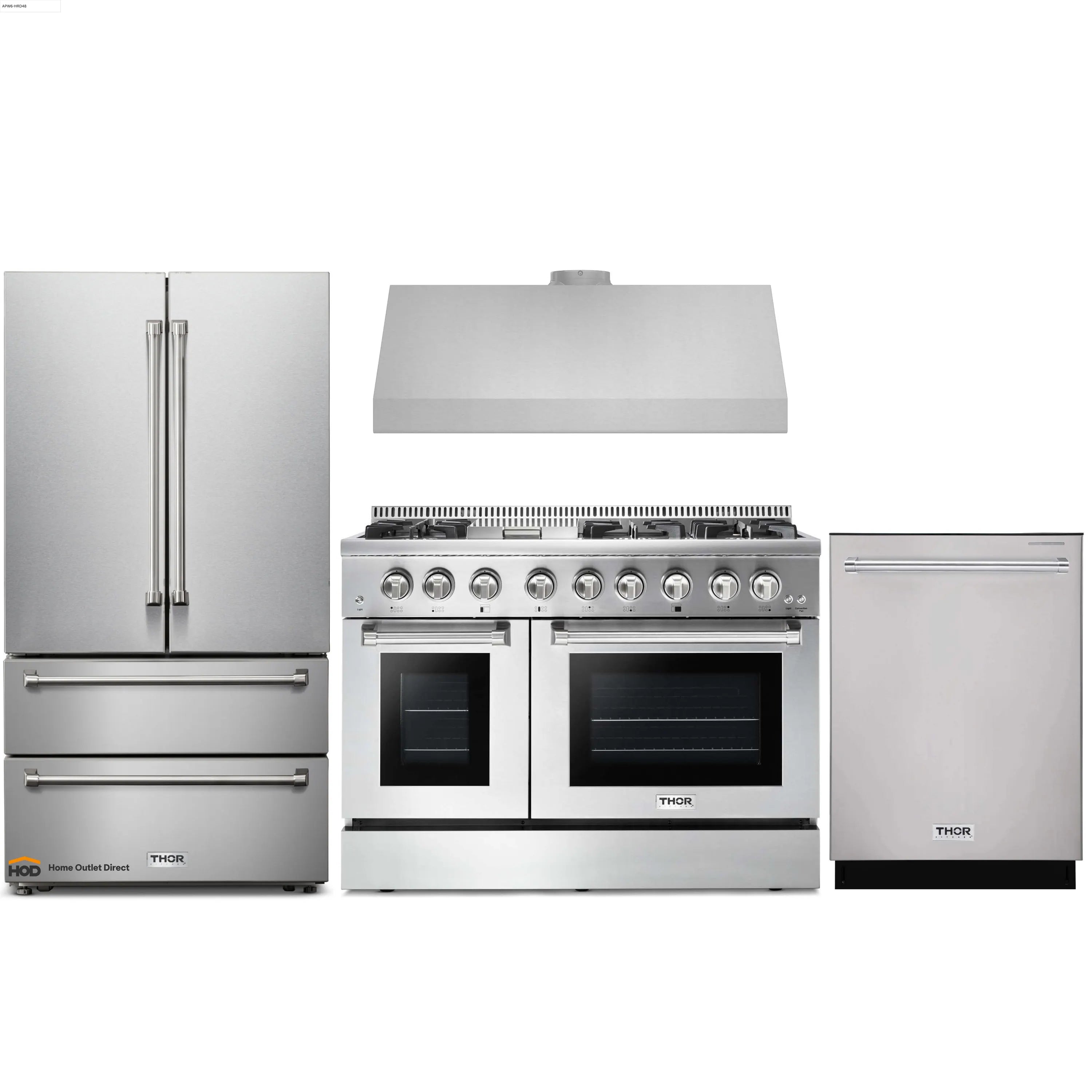 Thor Kitchen 4-Piece Pro Appliance Package - 48-Inch Gas Range, French Door Refrigerator, Dishwasher & Under Cabinet 11-Inch Tall Hood in Stainless Steel