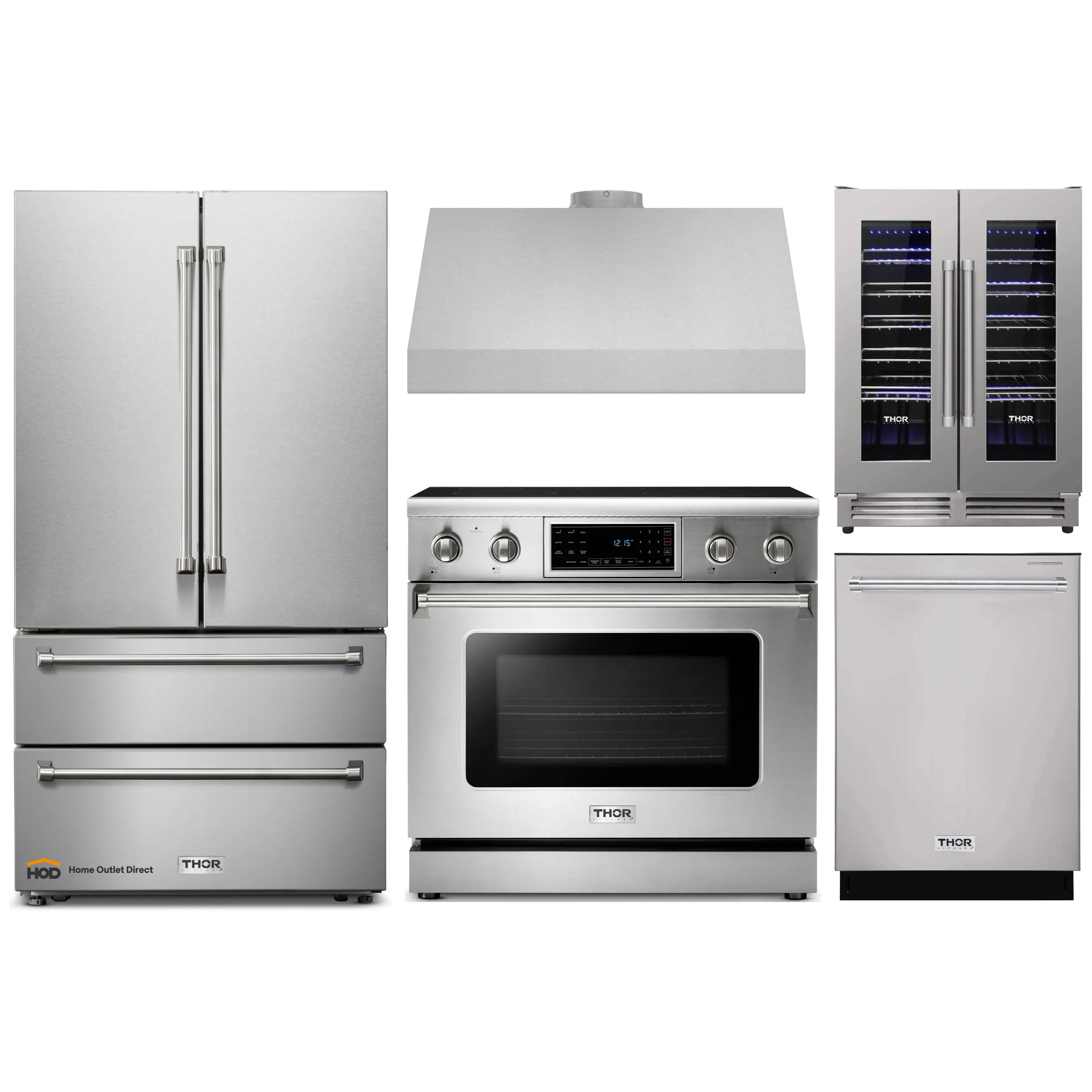 Thor Kitchen 5-Piece Appliance Package - 36-Inch Electric Range with Tilt Panel, French Door Refrigerator, Under Cabinet Hood, Dishwasher, & Wine Cooler in Stainless Steel