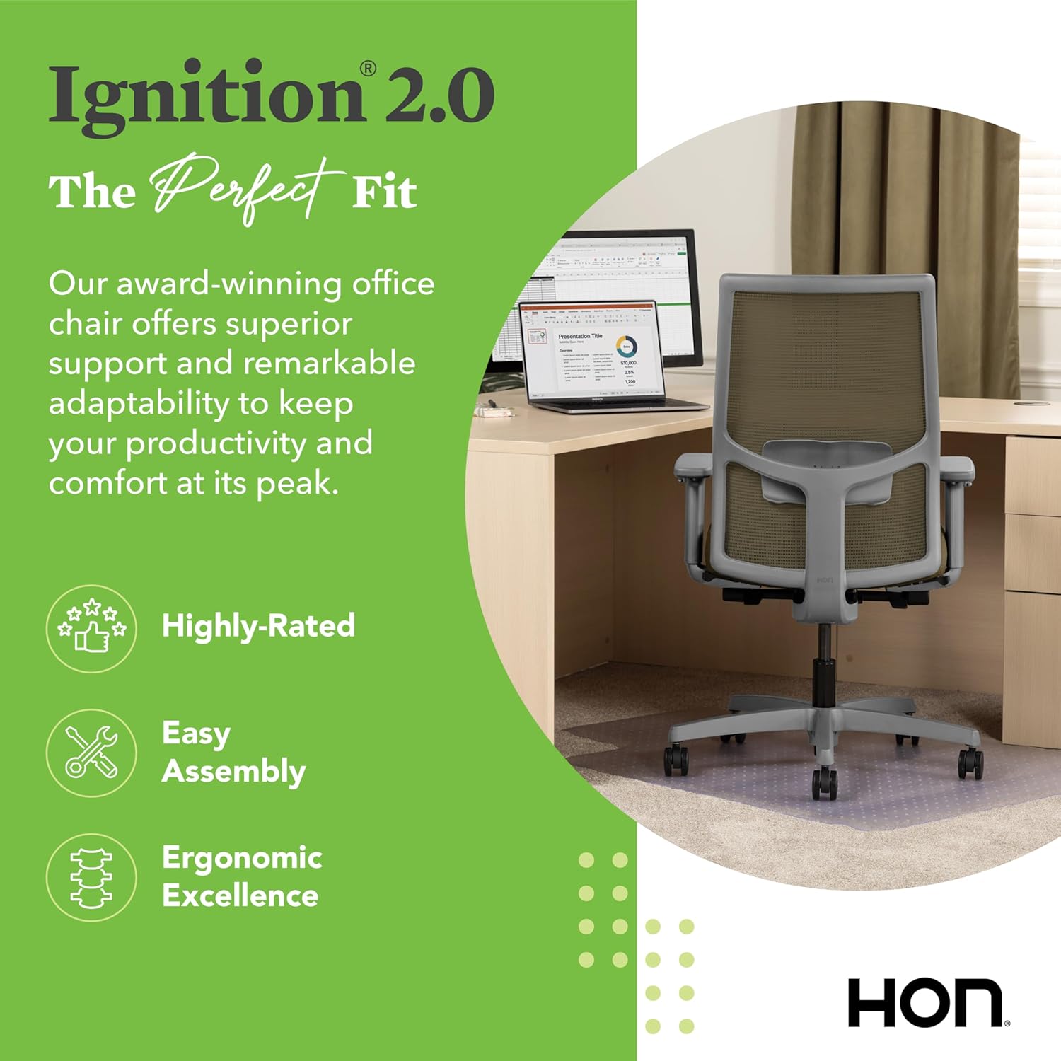 HON Ignition 2.0 Mid Back Task Chair, Spectrum Mesh, Advanced Synchro-Tilt Control, Office Chair with Lumbar Support, Height and Width Adjustable Arms, Titanium Frame, Quicksand