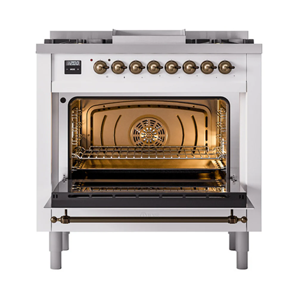 ILVE Nostalgie II Noblesse 36-Inch Dual Fuel Range and Solid Door Oven in White with Bronze Trim (UN36FQNMPWHB)
