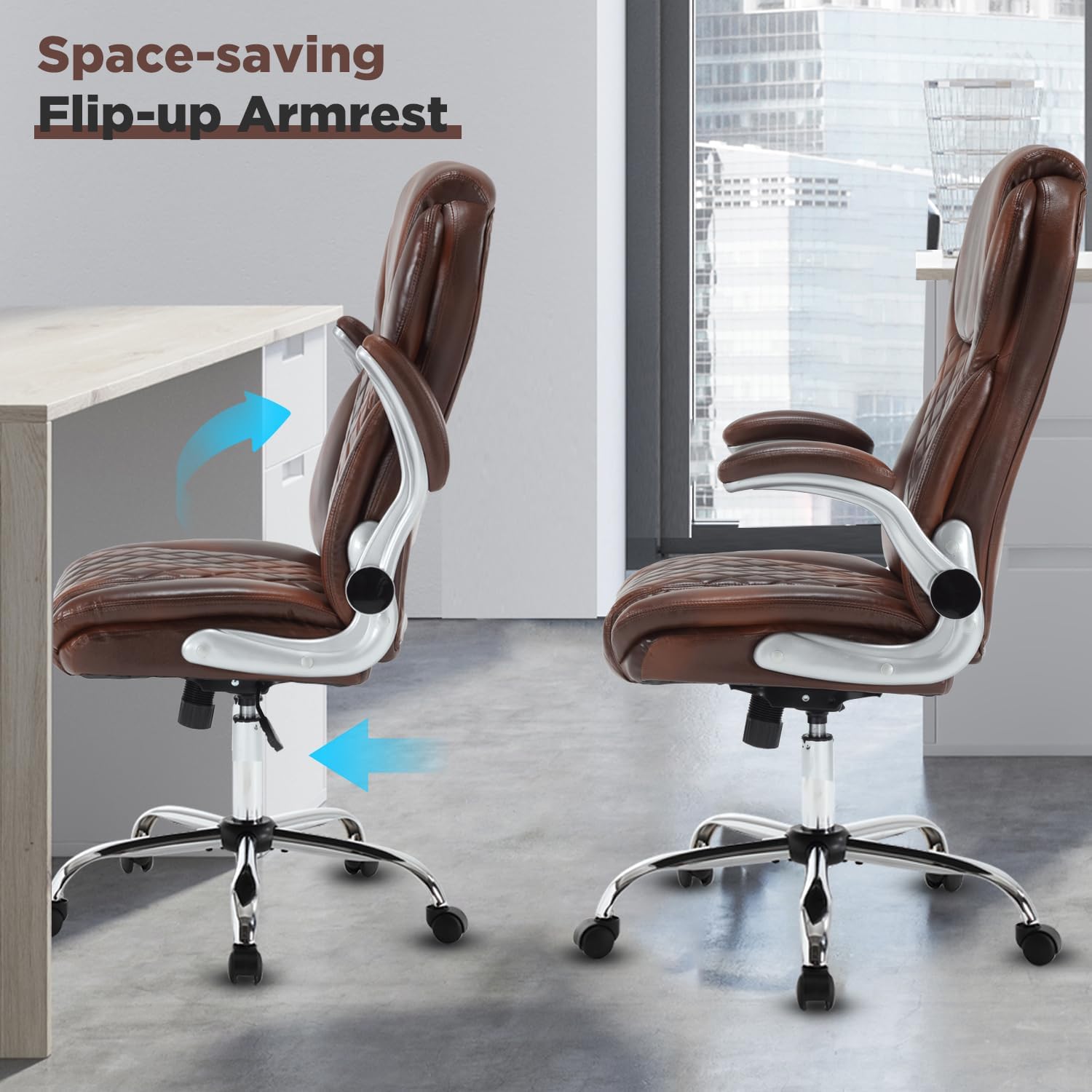 Big and Tall Executive Office Chair Brown, PU Leather High Back Office Desk Chairs with Wheels, Rocking Managerial Ergonomic Big Tall Home Computer Chairs with Flip up Arms and Lumbar Support