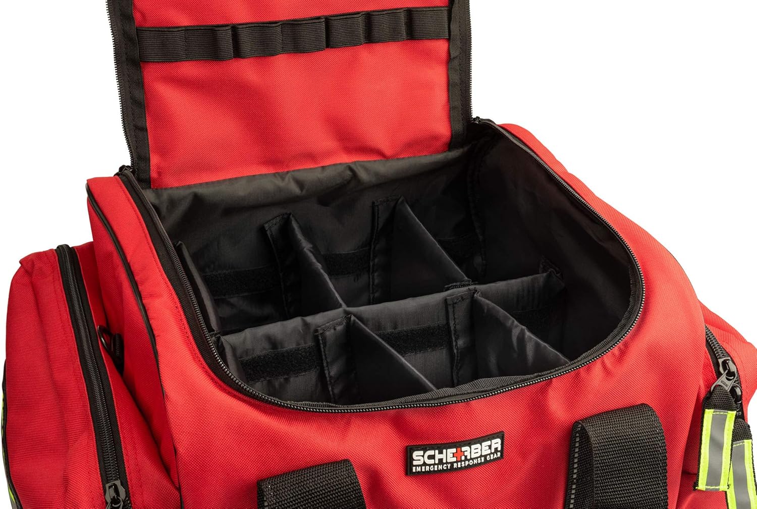 Scherber First Responder Fully-Stocked Large Professional Essentials EMT/EMS Trauma Kit | HSA/FSA Approved | Reflective Bag w/8 Zippered Pockets & Compartments & 250+ First Aid Supplies (Red)
