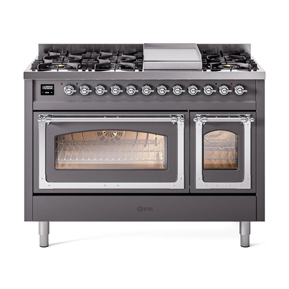 ILVE Nostalgie II Noblesse 48-Inch Dual Fuel Freestanding Range in Matte Graphite with Chrome Trim (UN48FNMPMGC)