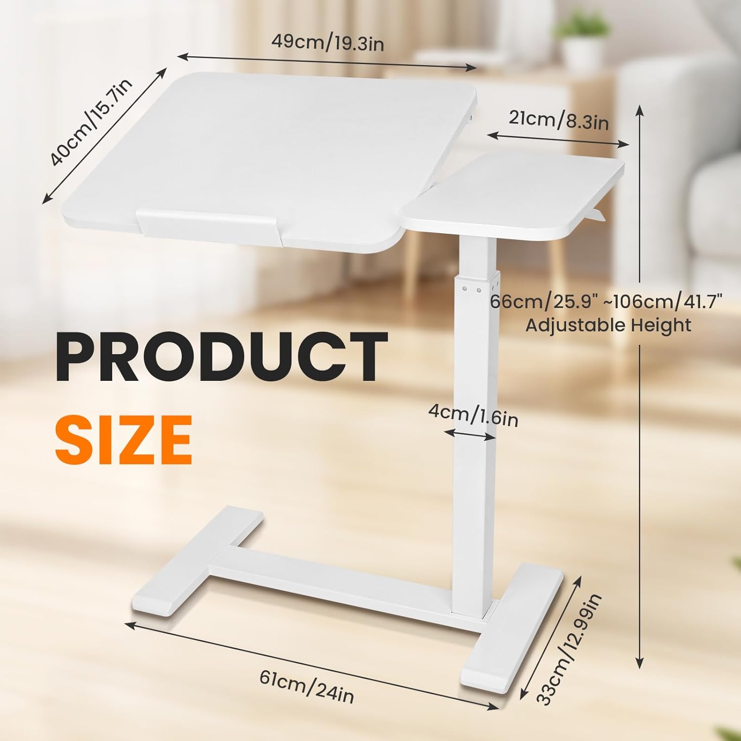Adjustable Pneumatic Overbed Bedside Table with Wheels Split Top Tilting Mobile Standing Desk Portable Computer Cart Movable Desk Hospital Home Office Use (15.7