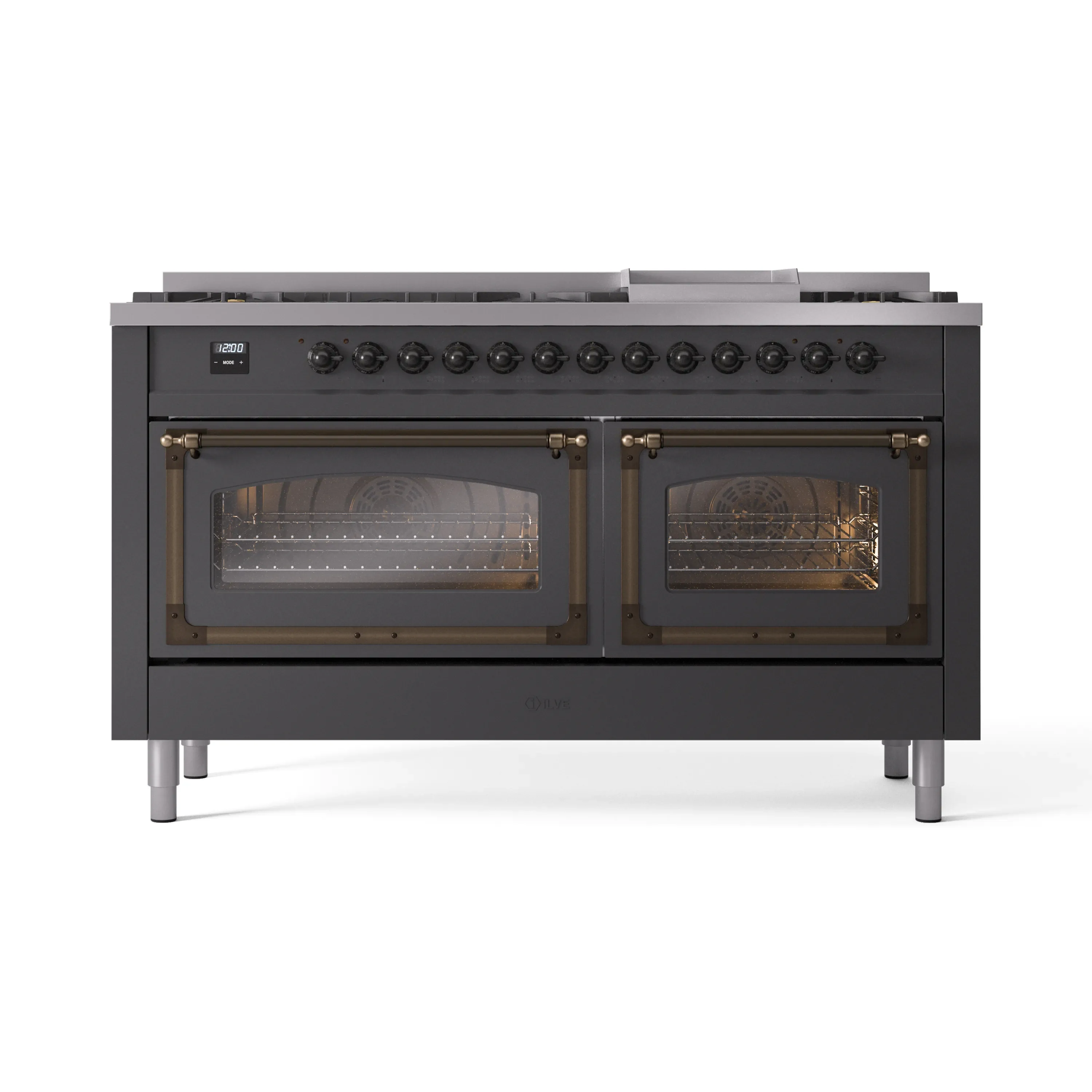 ILVE 60-Inch Nostalgie II Noblesse Dual Fuel Range with 9 Sealed Burners, Griddle, Triple Glass Door Oven in Matte Graphite with Bronze Trim (UN60FNMPMGB)