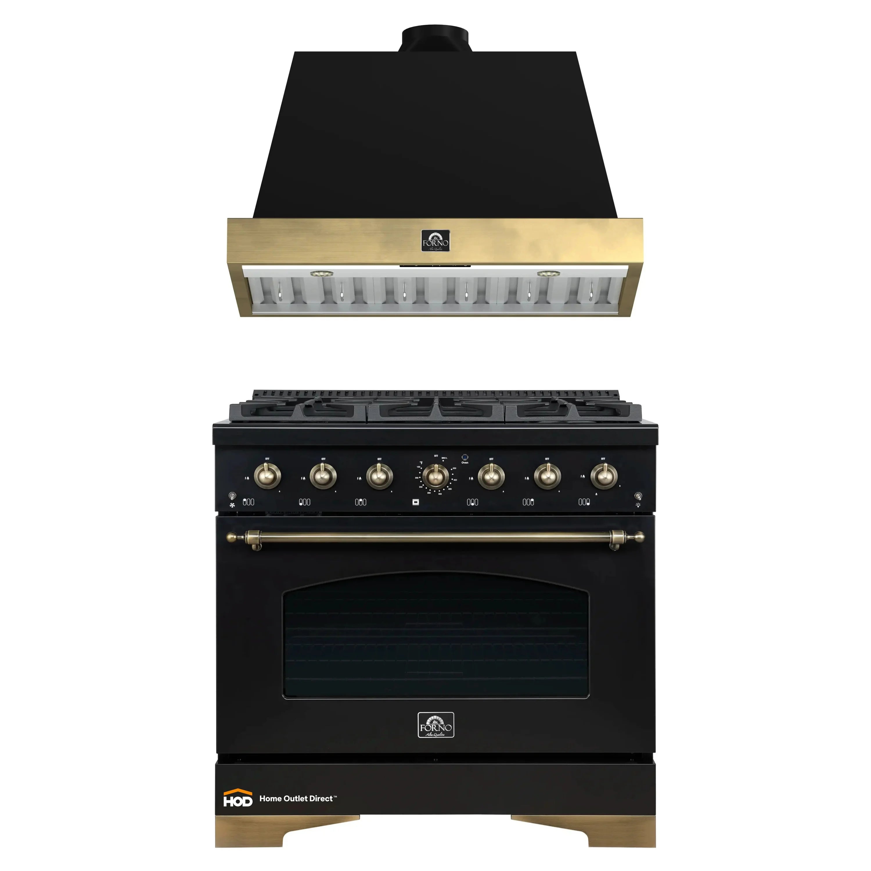 Forno Antico 2-Piece Appliance Package - 36-Inch Gas Range & 36-Inch Wall Mount Range Hood in Black with Antique Brass Trim