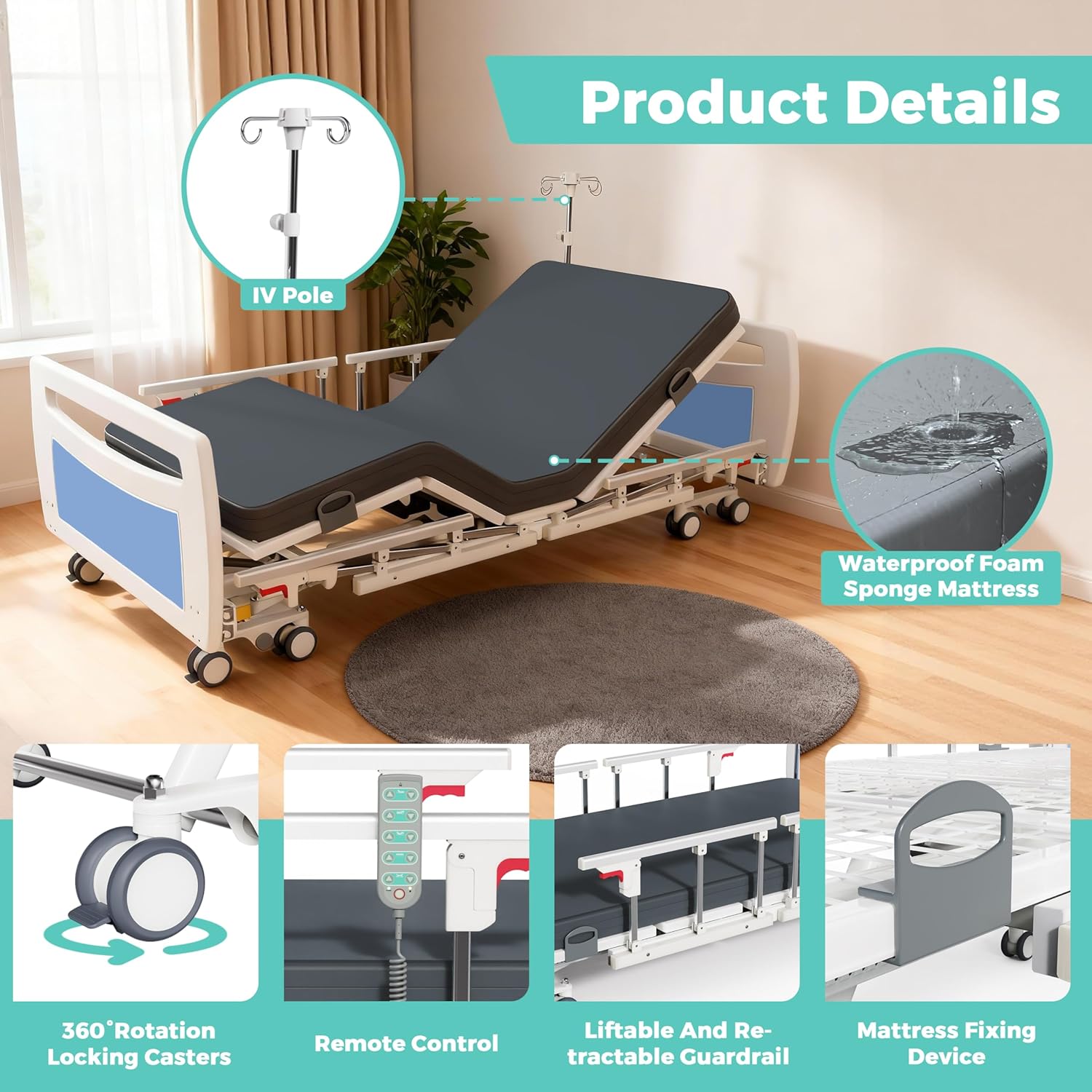 Premium Ultra Low 5 Functions Full Electric Hospital Bed,Adjustable Height ICU Medical Bed for Home Use with Advanced Germany Motor,Waterproof Mattress,Locking Casters,IV Pole,550LBS Loading