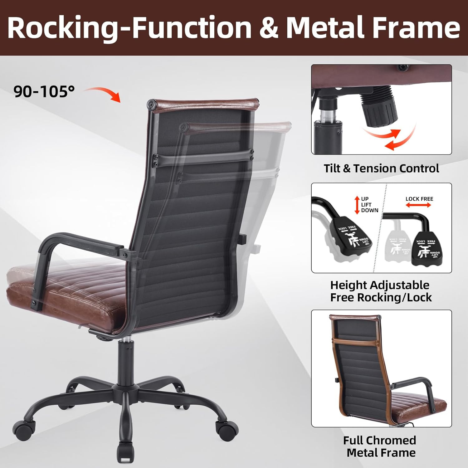 Office Chair, Ergonomic Executive Conference Room Chairs, Ribbed Leather Desk Chair with Lumbar Support, Adjustable Height Mid-Back Swivel Chair with Padded Seat and Square Tube Armrests