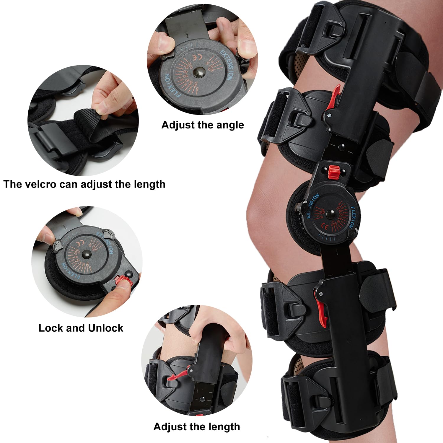 Hinged Knee Brace with Shoulder Strap, ROM Knee Support for Post Op Recovery Side Leg Immobilizer for Stabilization for ACL, MCL, PCL Injury, Adjustable Stabilizer After Surgery for Men and Women