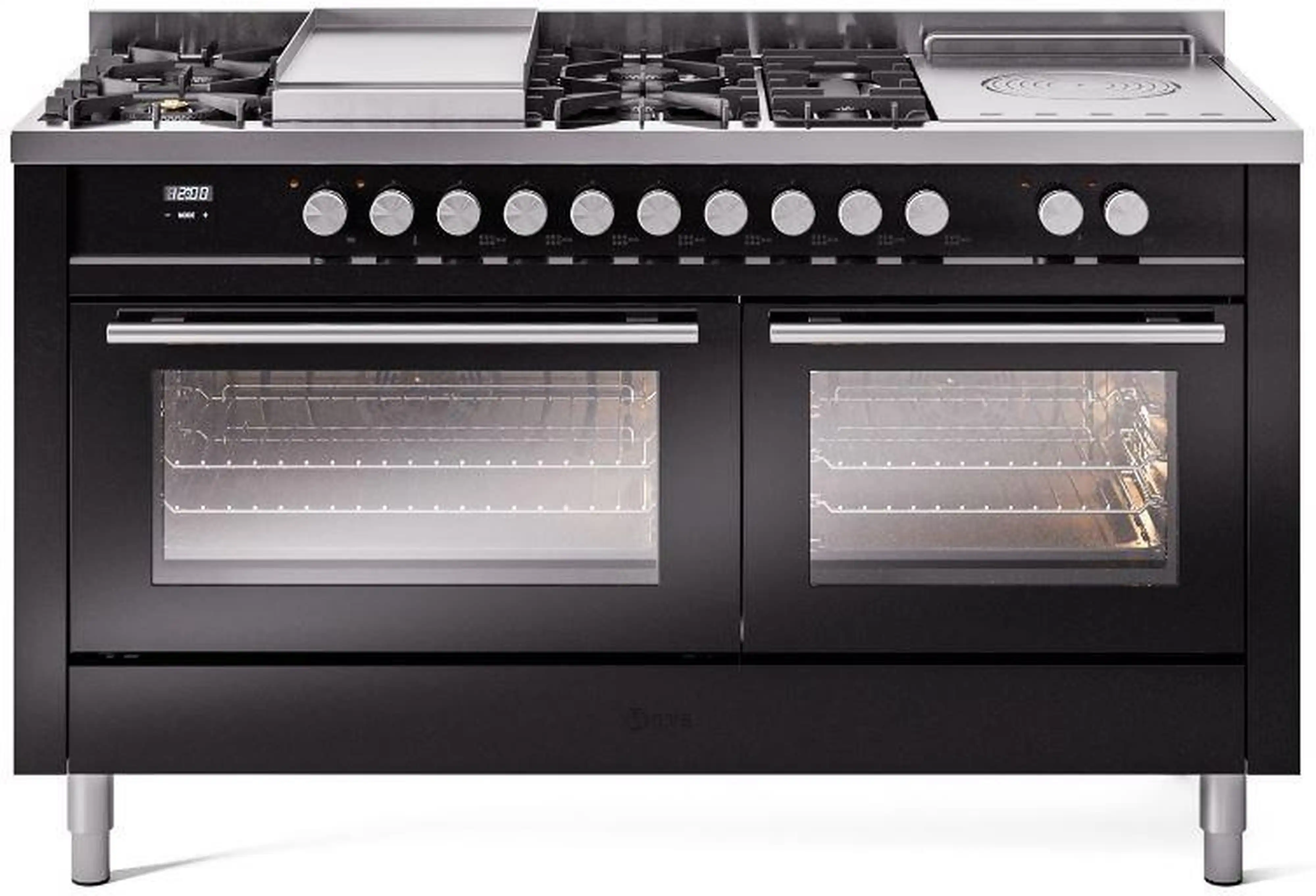 ILVE Professional Plus II 60-Inch Dual Fuel Range with 7 Burners, Griddle, & French Top with Triple Glass Door Oven in Glossy Black (UP60FSWMPBK)