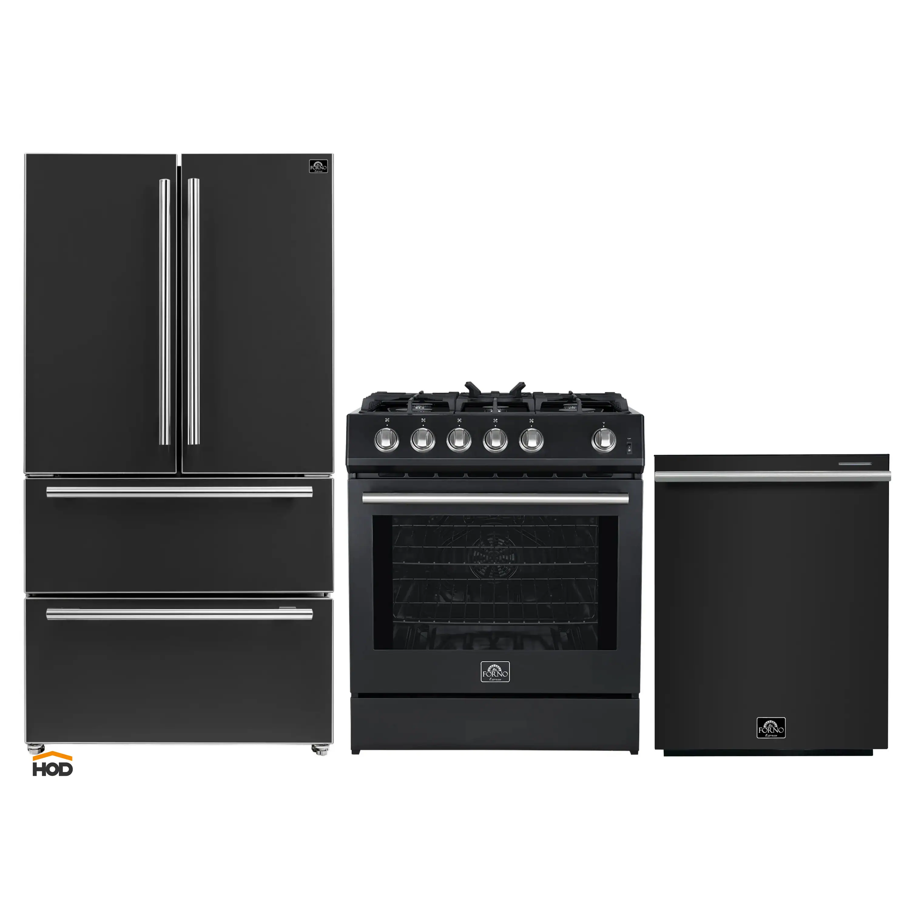 Forno 3-Piece Appliance Package - 30-Inch Gas Range, Refrigerator, and Dishwasher in Black with Stainless Steel Trim