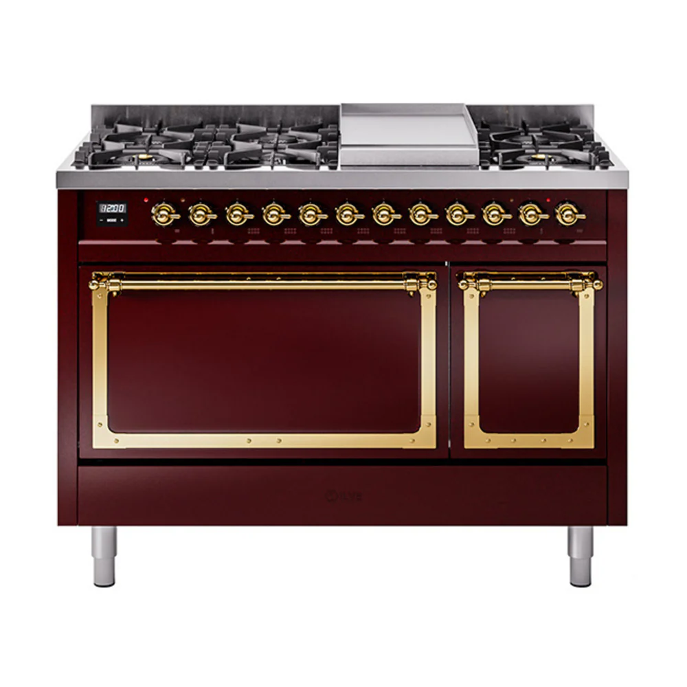 ILVE Nostalgie II Noblesse 48-Inch Dual Fuel Freestanding Range with Solid Door Oven in Burgundy with Brass Trim (UN48FQNMPBUG)