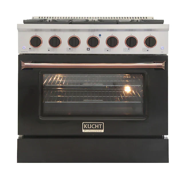 Kucht Signature 36-Inch Pro-Style Dual Fuel Range with Propane Gas in Stainless Steel with Black Oven Door & Rose Gold Accents (KDF362/LP-K-ROSE)