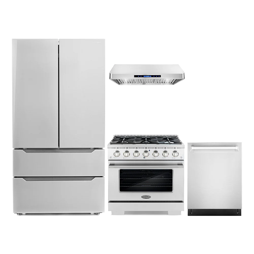 Cosmo 4-Piece Appliance Package - 36-Inch Gas Range, Under Cabinet Range Hood, Dishwasher, and Refrigerator in Stainless Steel (COS-4PKG-020)