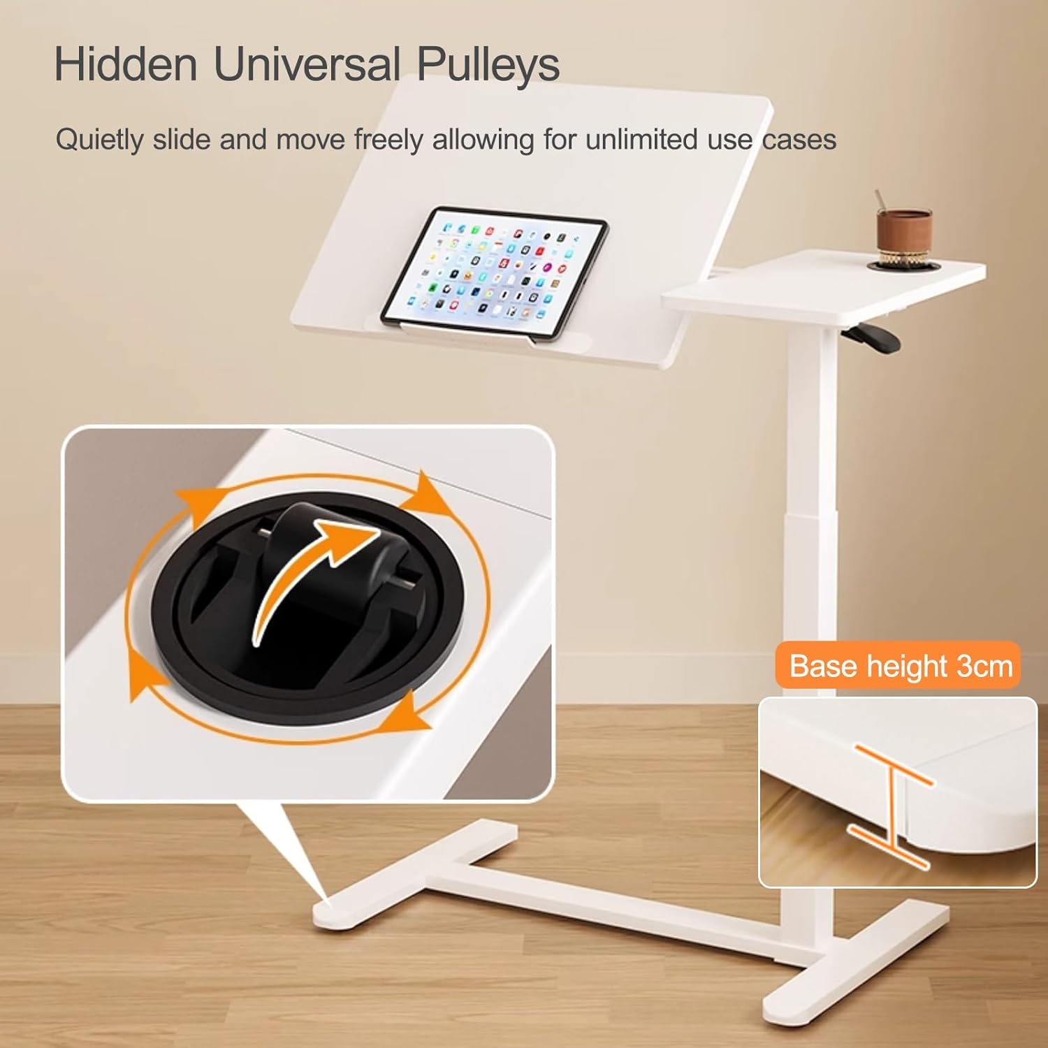 Overbed Table with Hidden Wheels and Height Adjustable, Standing Laptop Cart Over Bed Table with Baffle for Home Office and Hospital(White)