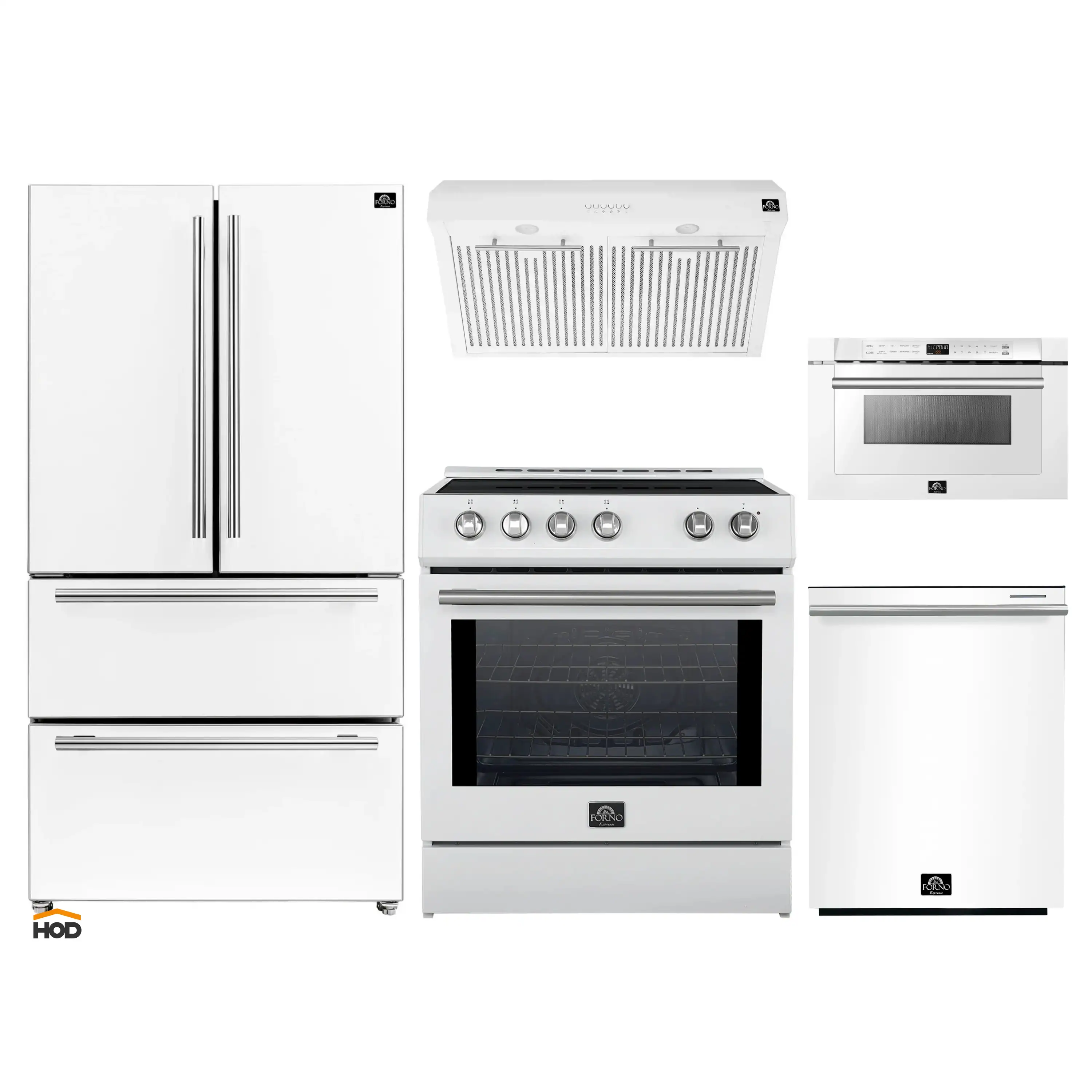 Forno 5-Piece Appliance Package - 30-Inch Induction Range, Under Cabinet Range Hood,  French Door Refrigerator, Dishwasher, and  Microwave Drawer in White with Stainless Steel Trim