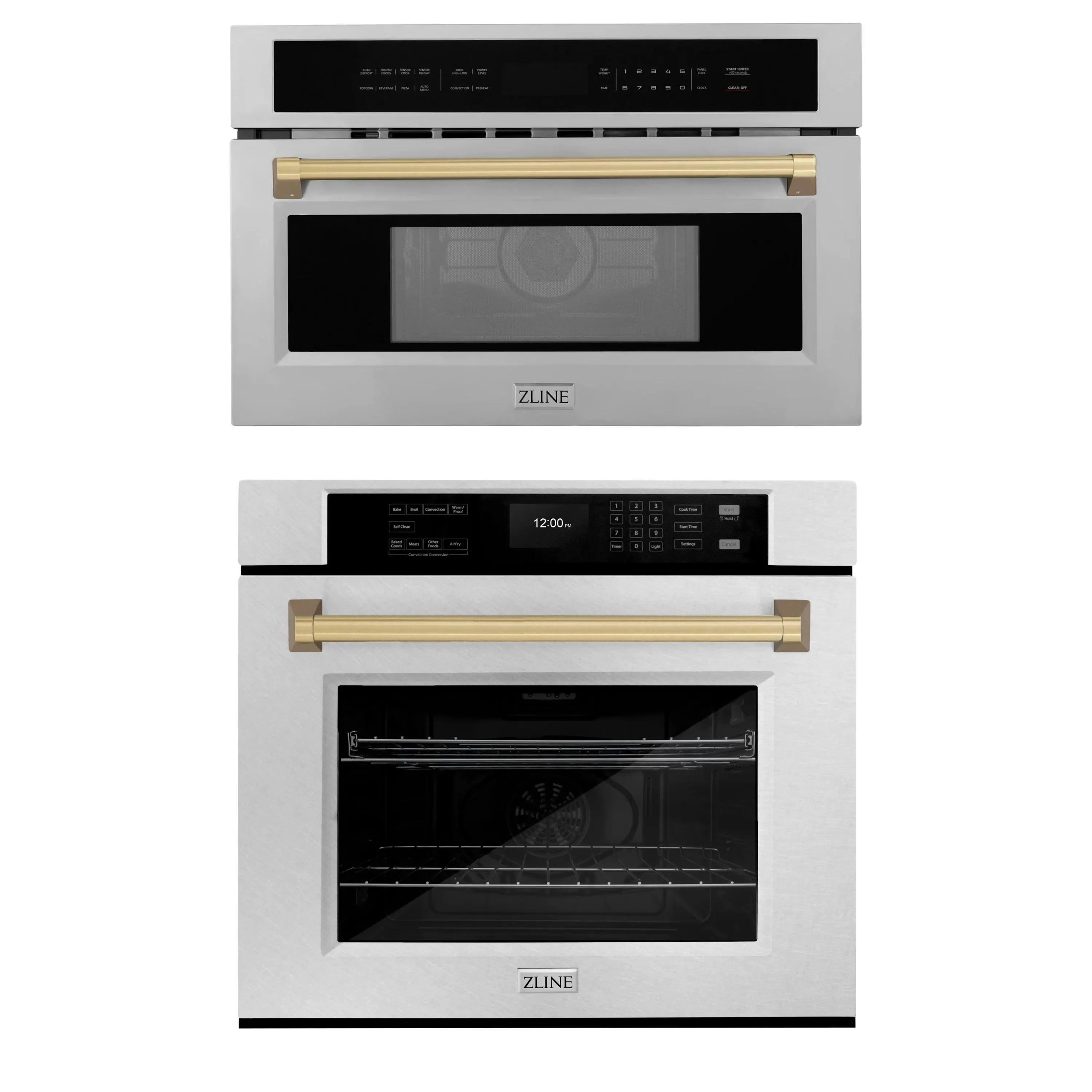 ZLINE Autograph Edition 2-Piece Appliance Package - 30-Inch Single Wall Oven with Self-Clean and 30-inch Built-In Microwave Oven in Satin Stainless Steel with Champagne Bronze Trim