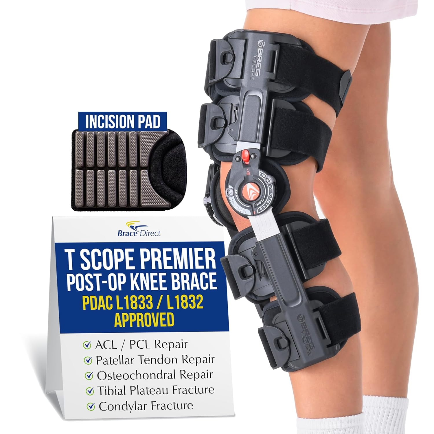 Brace Direct Breg T Scope Premier Post Op Knee Brace with Incision Comfort Pad ACL MCL Recovery Adjustable ROM L1833 L1832 (Thighs Up to 30.5