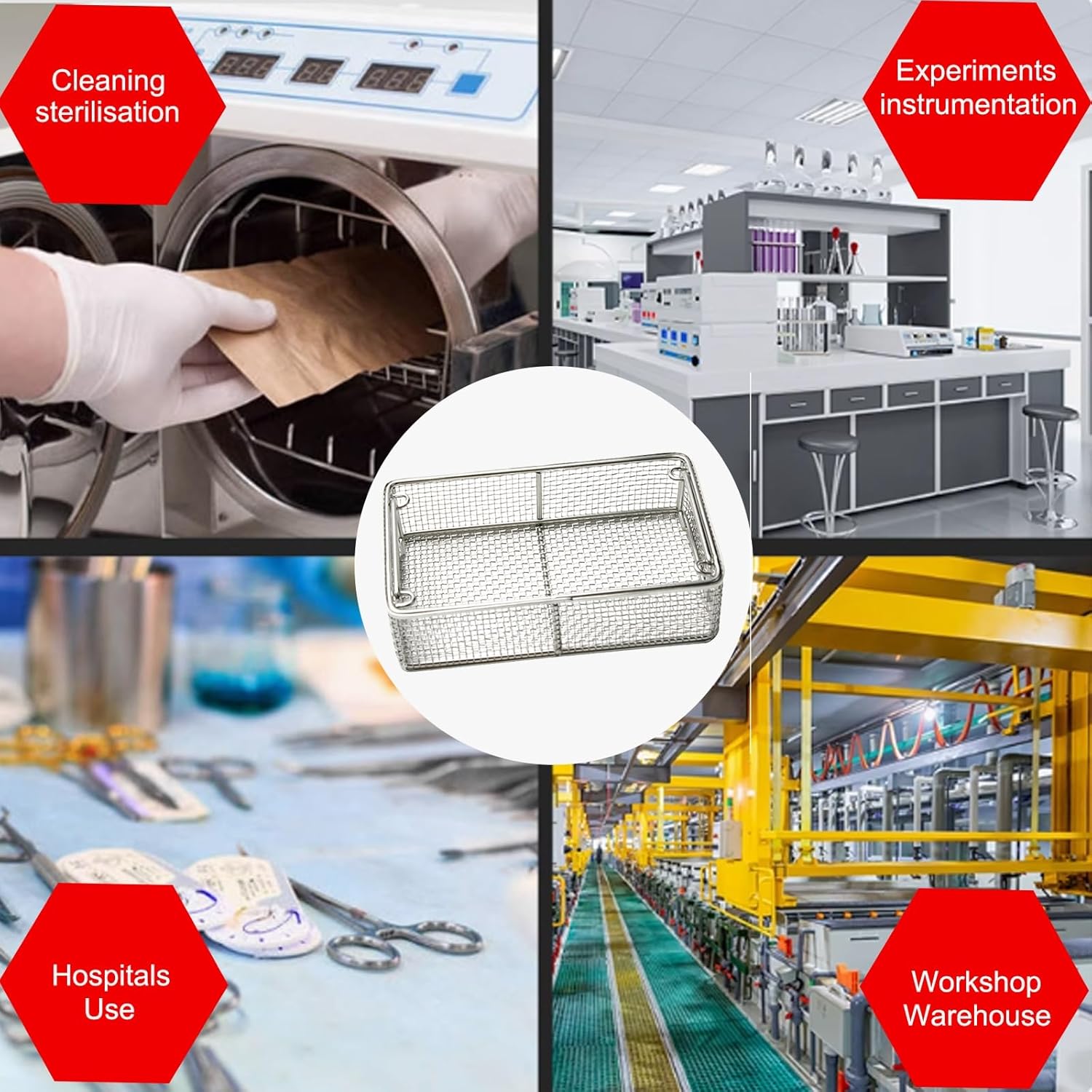 304 Stainless Steel Disinfection Basket with Handle, 0.16in Mesh for Labs, Hospital Instruments, Dental Clinics