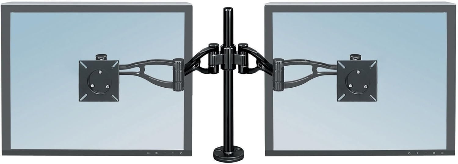 Fellowes Professional Series Depth Adjustable Dual Monitor Arm, 360 Deg Rotation, 37 Deg Tilt, 360 Deg Pan, Black, Supports 24 Lb