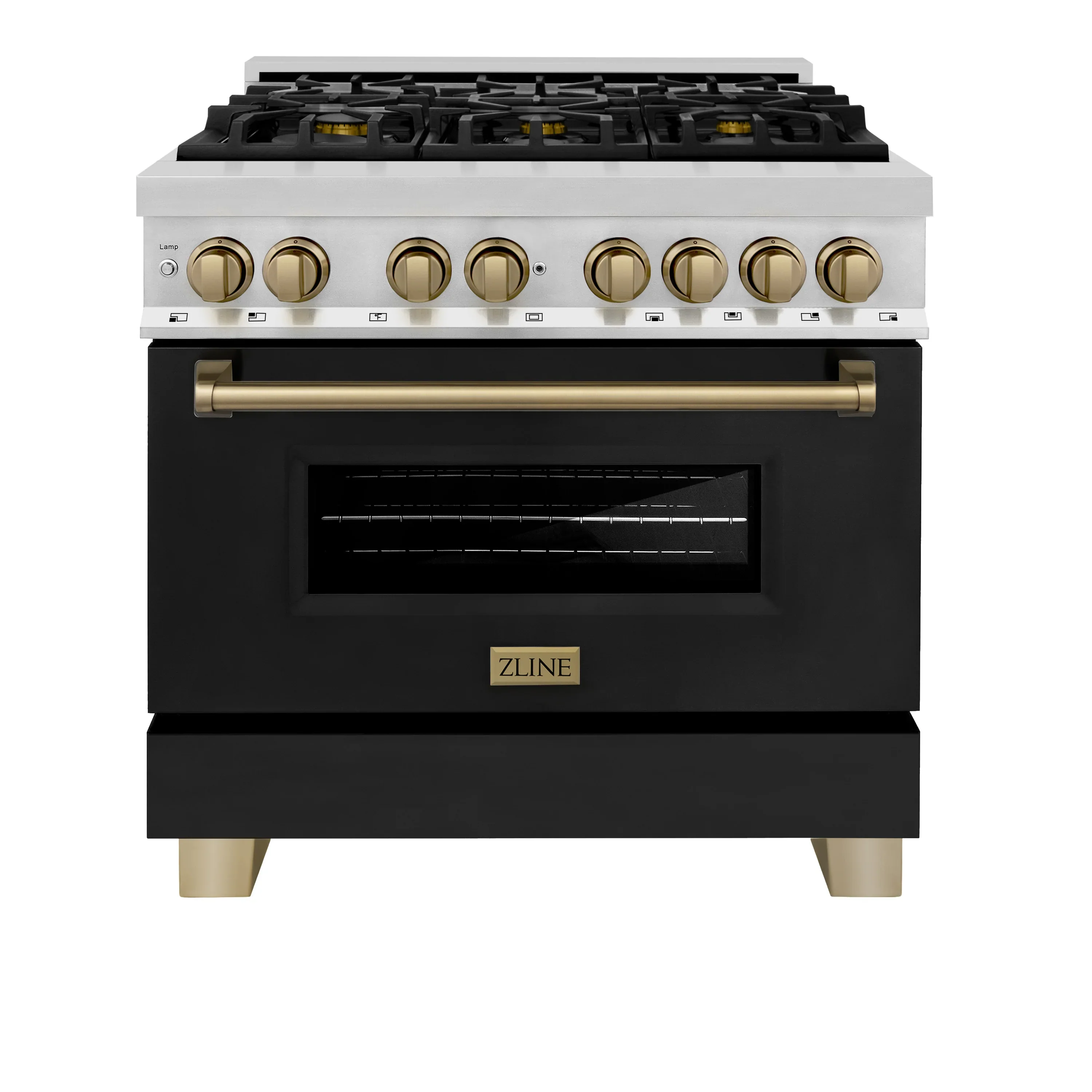 ZLINE Legacy Series Autograph Edition 36-inch Dual Fuel Range with Gas Stove and 4.6 Cu. Ft. Electric Oven in Stainless Steel with Black Matte Door and Champagne Bronze Accents (RAZ-BLM-36-CB)